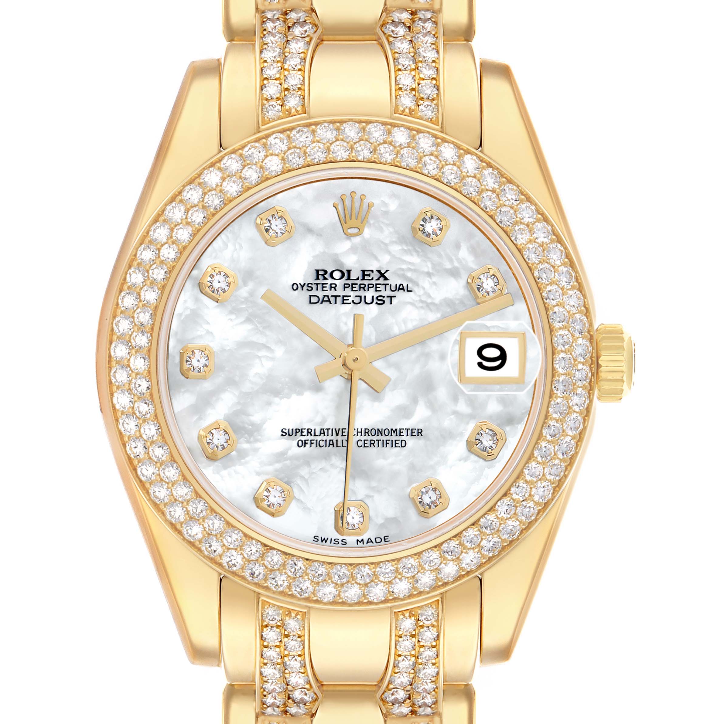 The Rolex Pearlmaster 81338 Women
s Yellow Gold Mother of Pearl Dial watch is shown from the front, highlighting its gold case, diamond bezel, and mother-of-pearl dial.