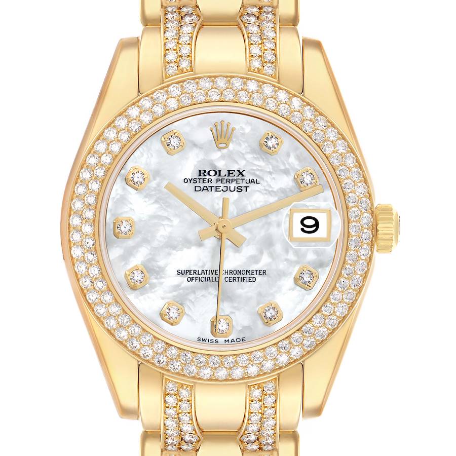 The Rolex Pearlmaster 81338 Women's Yellow Gold Mother of Pearl Dial watch is shown from the front, highlighting its gold case, diamond bezel, and mother-of-pearl dial.