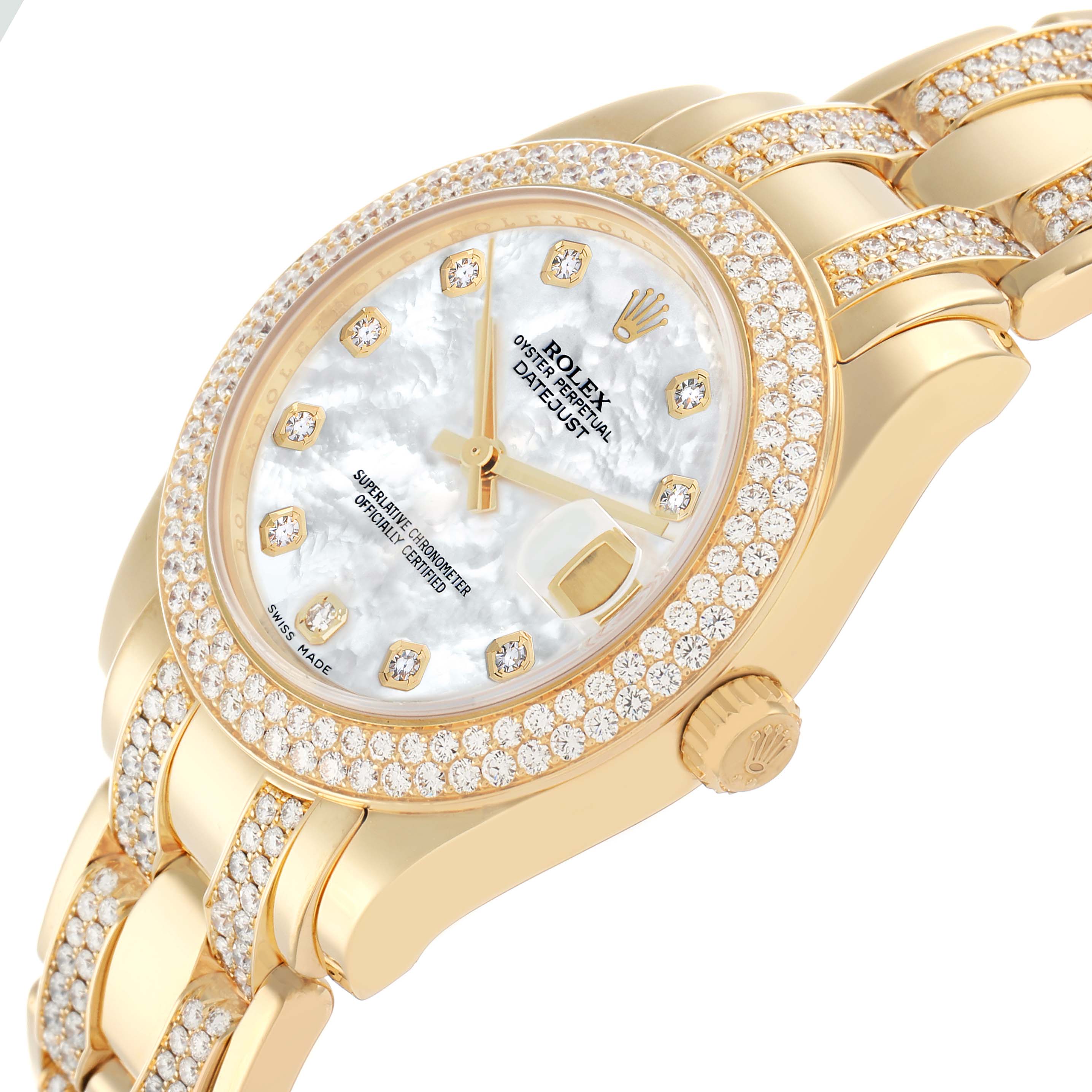The Rolex Pearlmaster 81338 Women
s Yellow Gold Mother of Pearl Dial watch is shown at a slight side angle, highlighting the diamond-encrusted bezel, face, and bracelet.