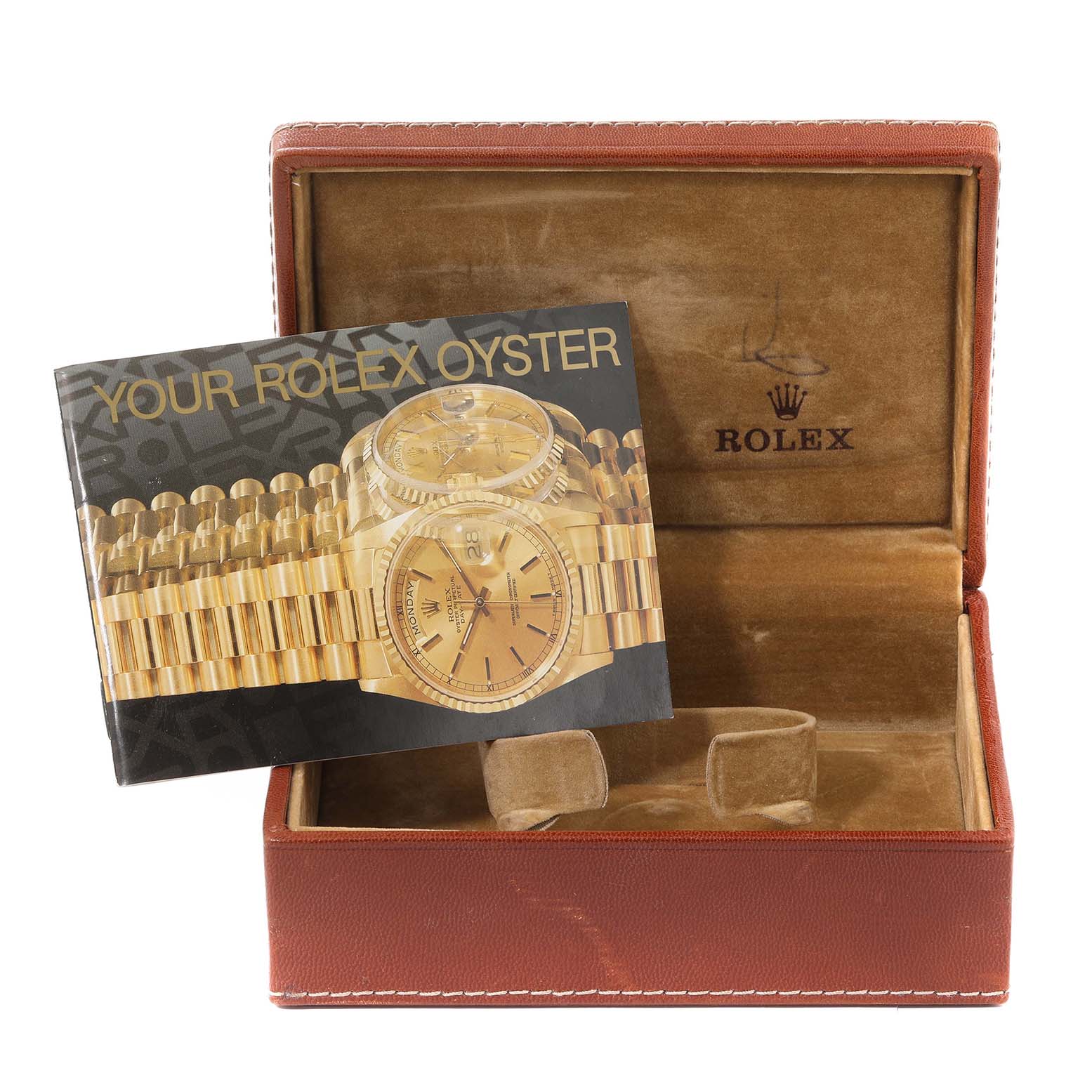 The image shows an open Rolex President 69149 Women's White Gold Champagne Dial 69149 Women's White Gold Champagne Dial watch box with a "Your Rolex Oyster" booklet inside.