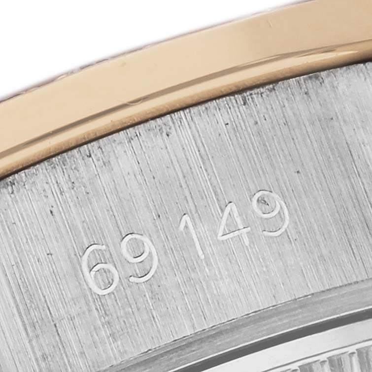 This close-up image shows the case back with the model number engraved on a Rolex President 69149 Women's White Gold Champagne Dial 69149 Women's White Gold Champagne Dial watch.