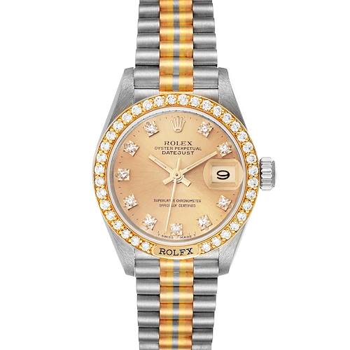 The Rolex President model watch is shown from a front angle, featuring a diamond-set bezel, gold dial, and two-tone bracelet.