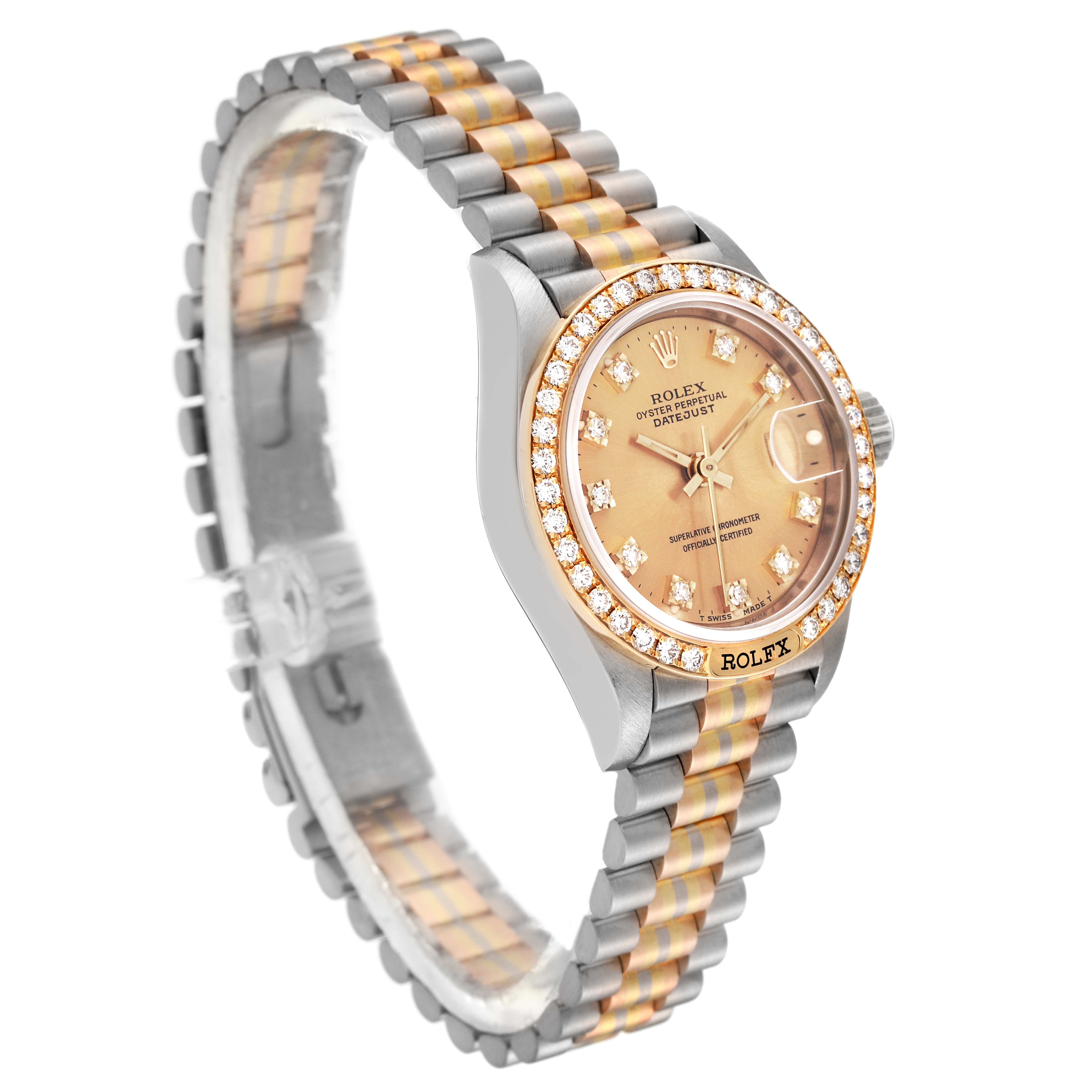 The Rolex President 69149 Women's White Gold Champagne Dial 69149 Women's White Gold Champagne Dial watch model is shown from a front-left angle, displaying its dial, bezel, and bracelet.