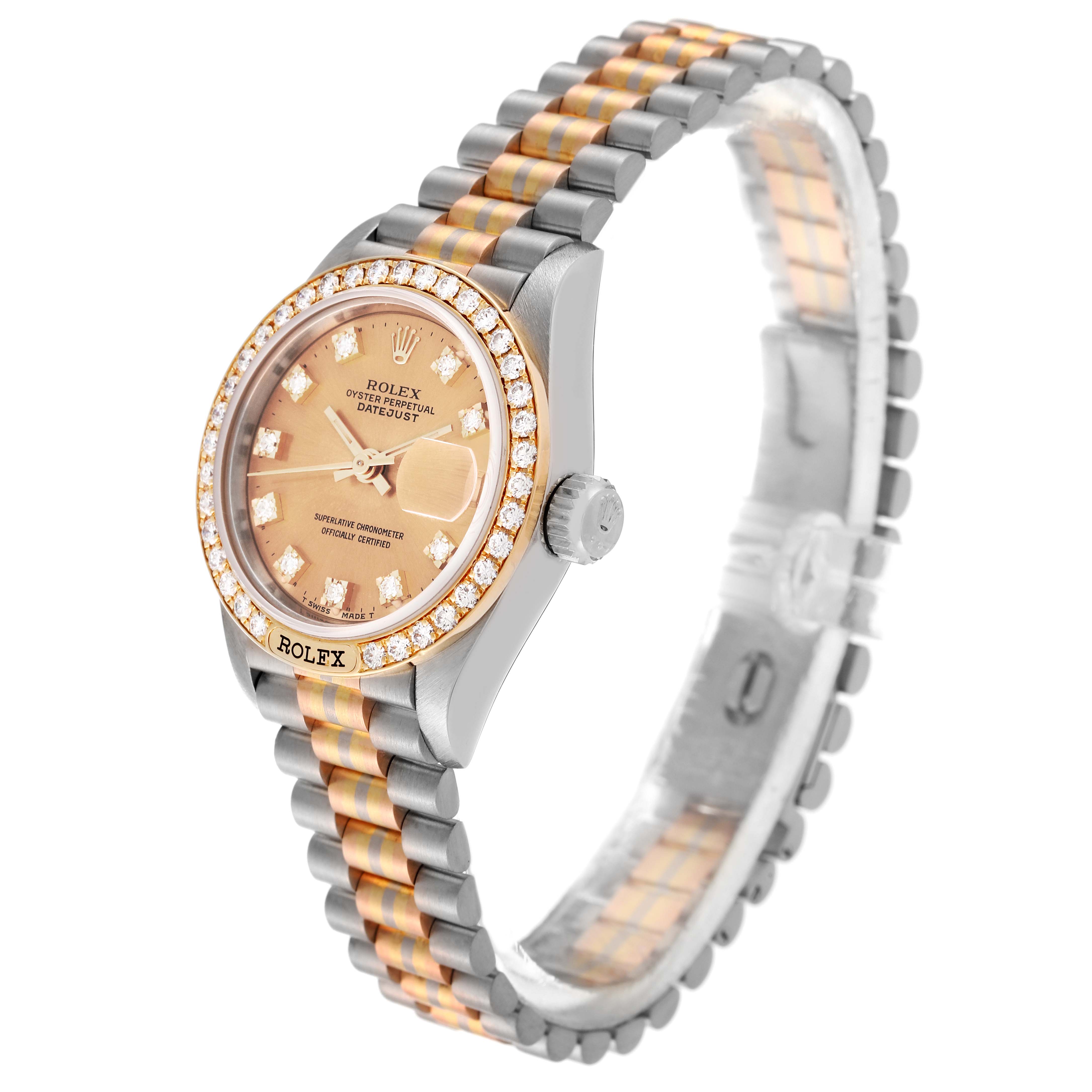 The Rolex President 69149 Women's White Gold Champagne Dial 69149 Women's White Gold Champagne Dial model watch is shown at a three-quarter angle, displaying the dial, bezel, and two-tone bracelet.