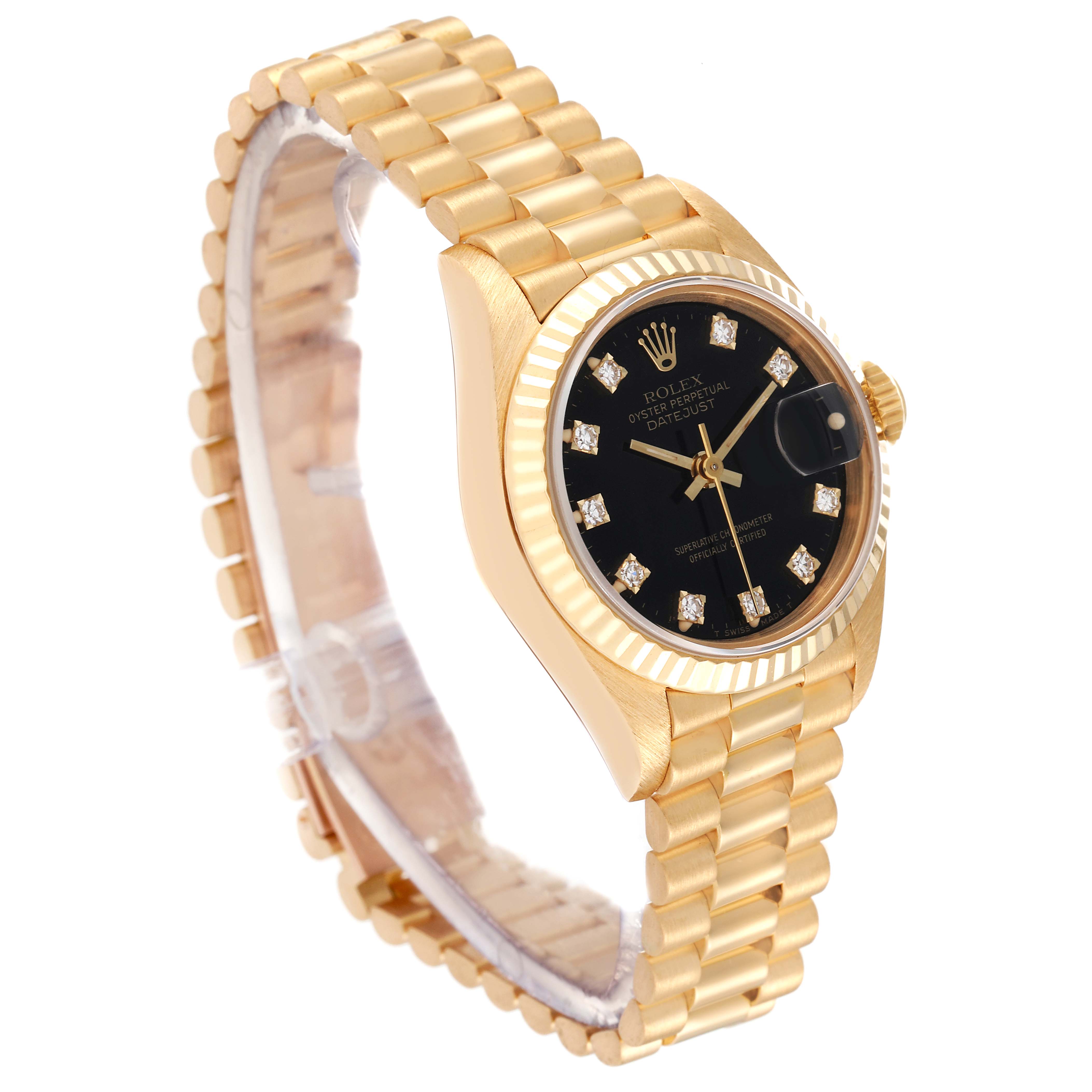 The image shows a Rolex President 69178 Women's Yellow Gold Black Dial 69178 Women's Yellow Gold Black Dial model watch with a black dial, diamond indices, and a gold bracelet, at a three-quarter angle.