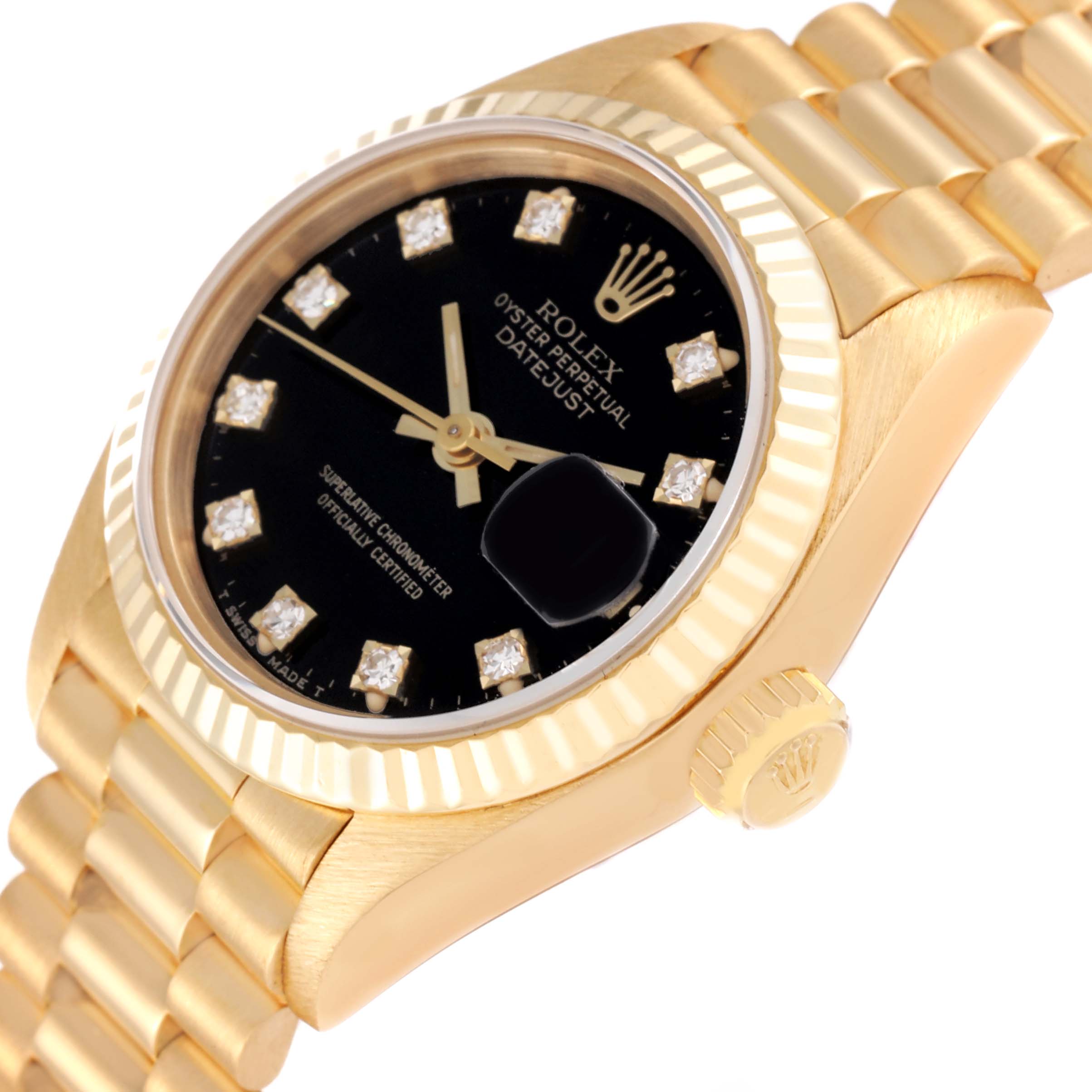 This image shows a close-up, angled view of the dial, bezel, crown, and part of the bracelet of a Rolex President 69178 Women's Yellow Gold Black Dial 69178 Women's Yellow Gold Black Dial model watch.