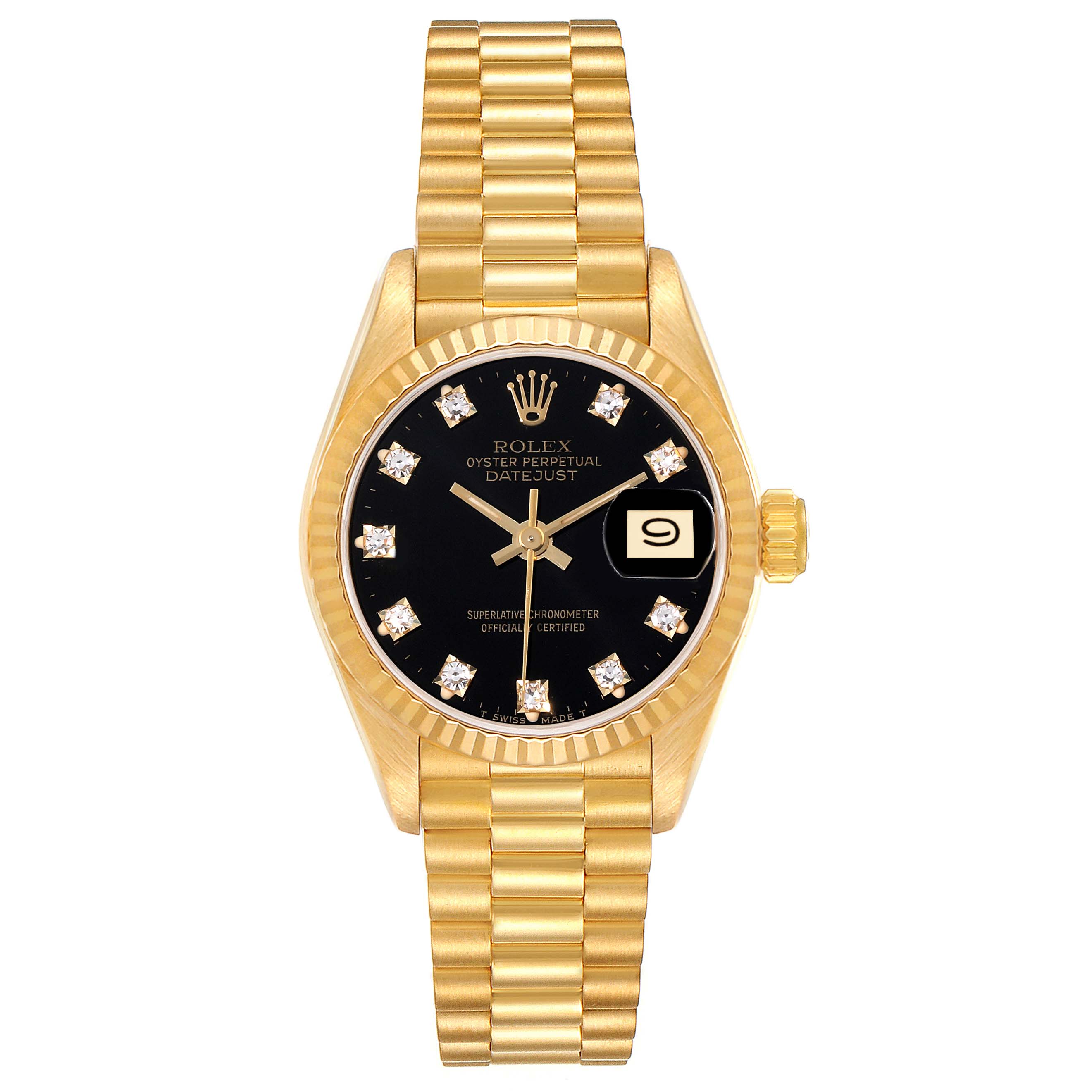 This image shows a front view of a Rolex President 69178 Women's Yellow Gold Black Dial 69178 Women's Yellow Gold Black Dial model watch, featuring a black dial, gold case, and gold bracelet.