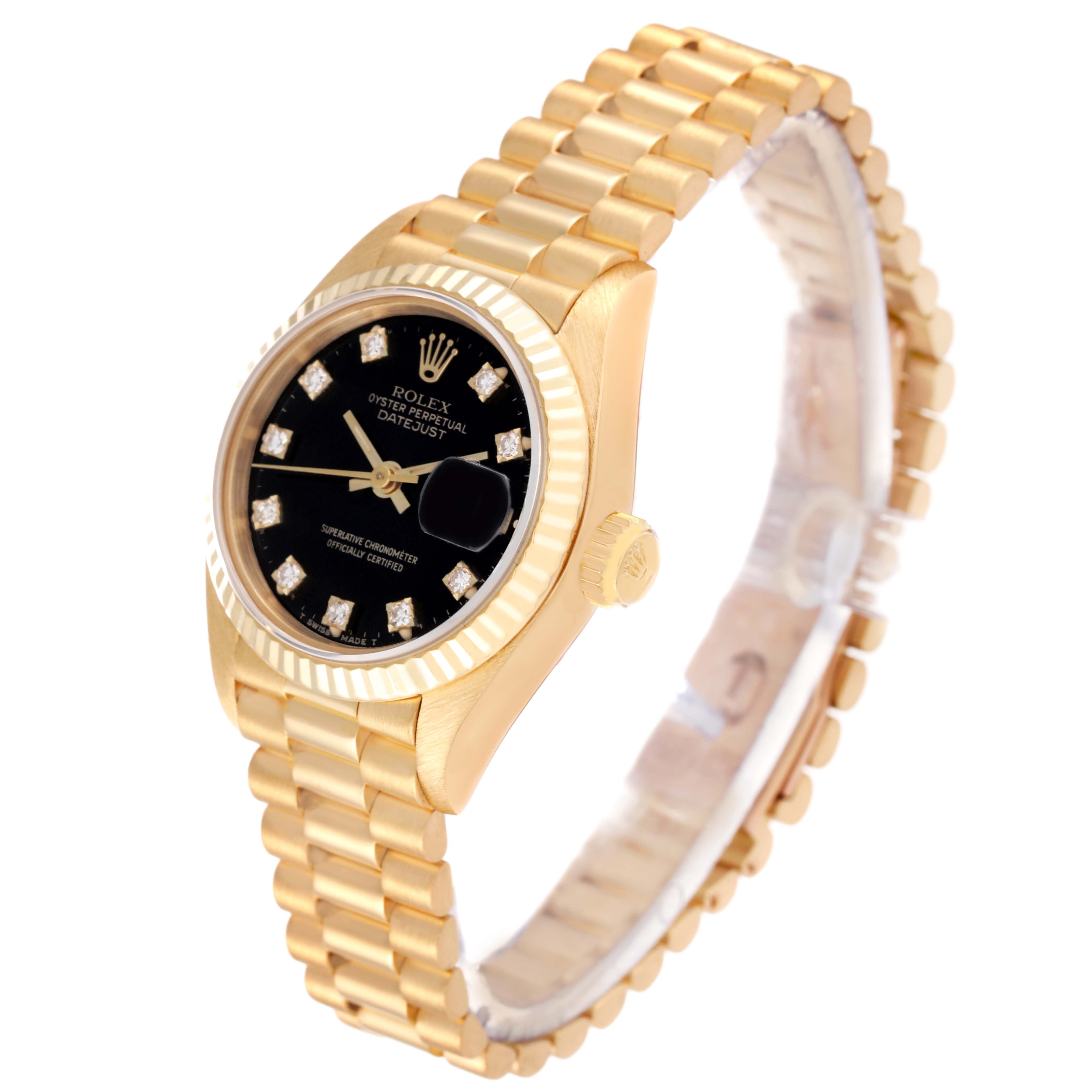 The Rolex President 69178 Women's Yellow Gold Black Dial 69178 Women's Yellow Gold Black Dial model watch is shown at a slight angle, displaying its gold casing, black diamond dial, and link bracelet.