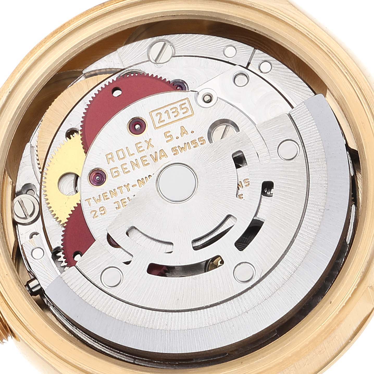 This image shows the internal mechanism of a Rolex President 69178 Women's Yellow Gold Black Dial 69178 Women's Yellow Gold Black Dial model watch at a close-up angle.