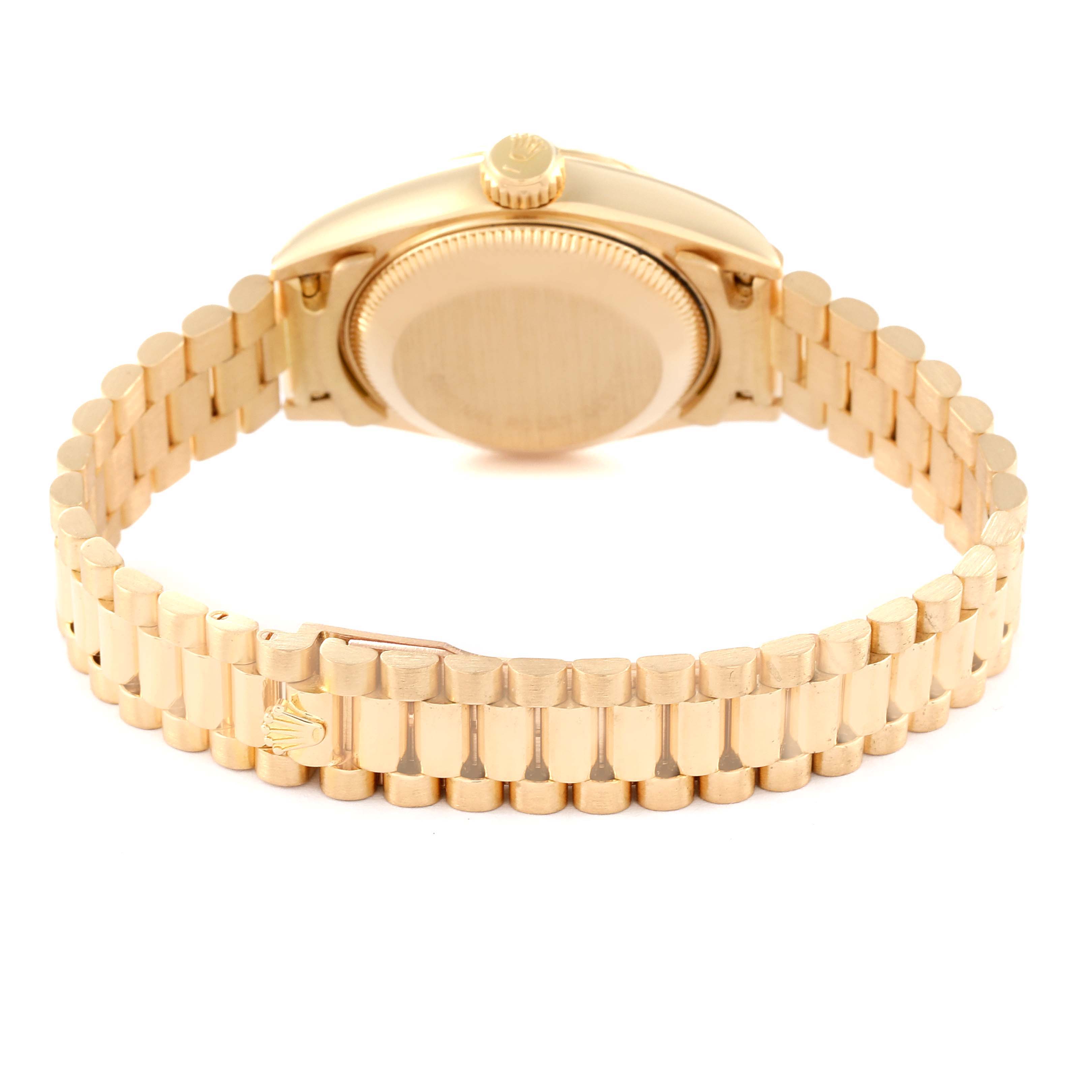 The image shows the back side and bracelet of the Rolex President 69178 Women's Yellow Gold Black Dial 69178 Women's Yellow Gold Black Dial model watch in gold.