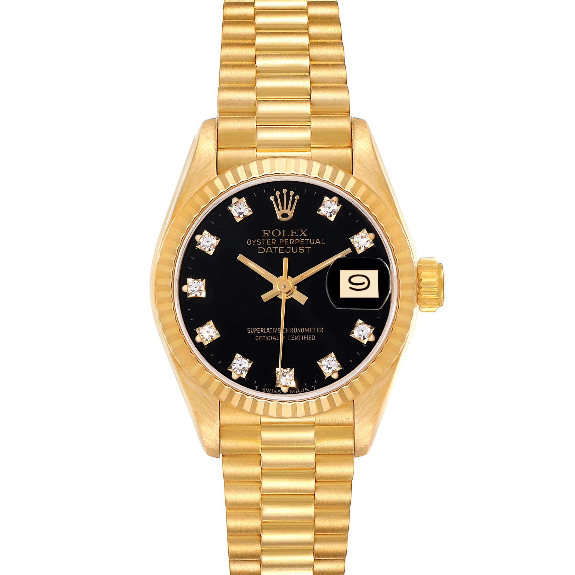 The Rolex President 69178 Women's Yellow Gold Black Dial 69178 Women's Yellow Gold Black Dial model watch is shown from a top-down angle, highlighting its gold band, black dial, and date window.
