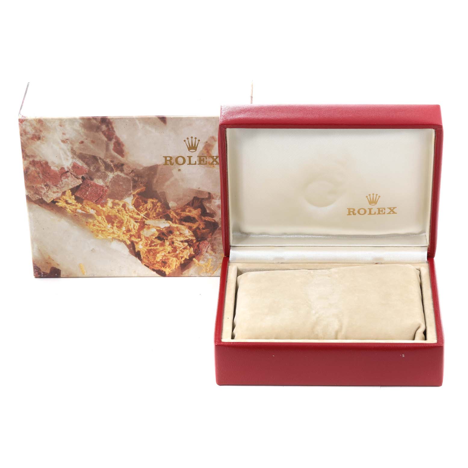 The image shows an open box and protective cushion for the Rolex President 69178 Women's Yellow Gold Black Dial 69178 Women's Yellow Gold Black Dial model, along with the outer packaging.