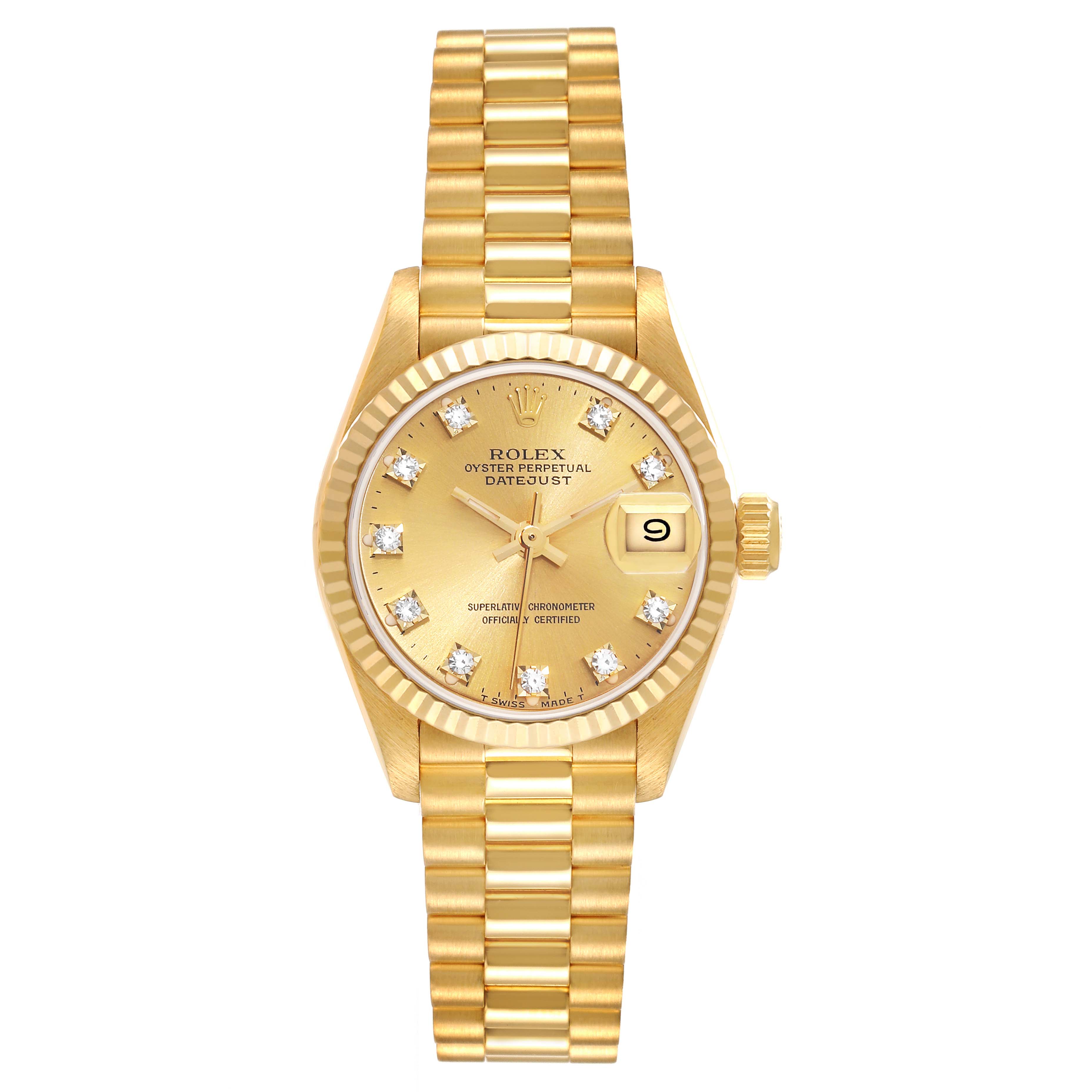 The image shows a front view of a Rolex President 69178 Women
s Yellow Gold Champagne Dial 69178 Women
s Yellow Gold Champagne Dial model watch displaying the dial, bracelet, and date window.