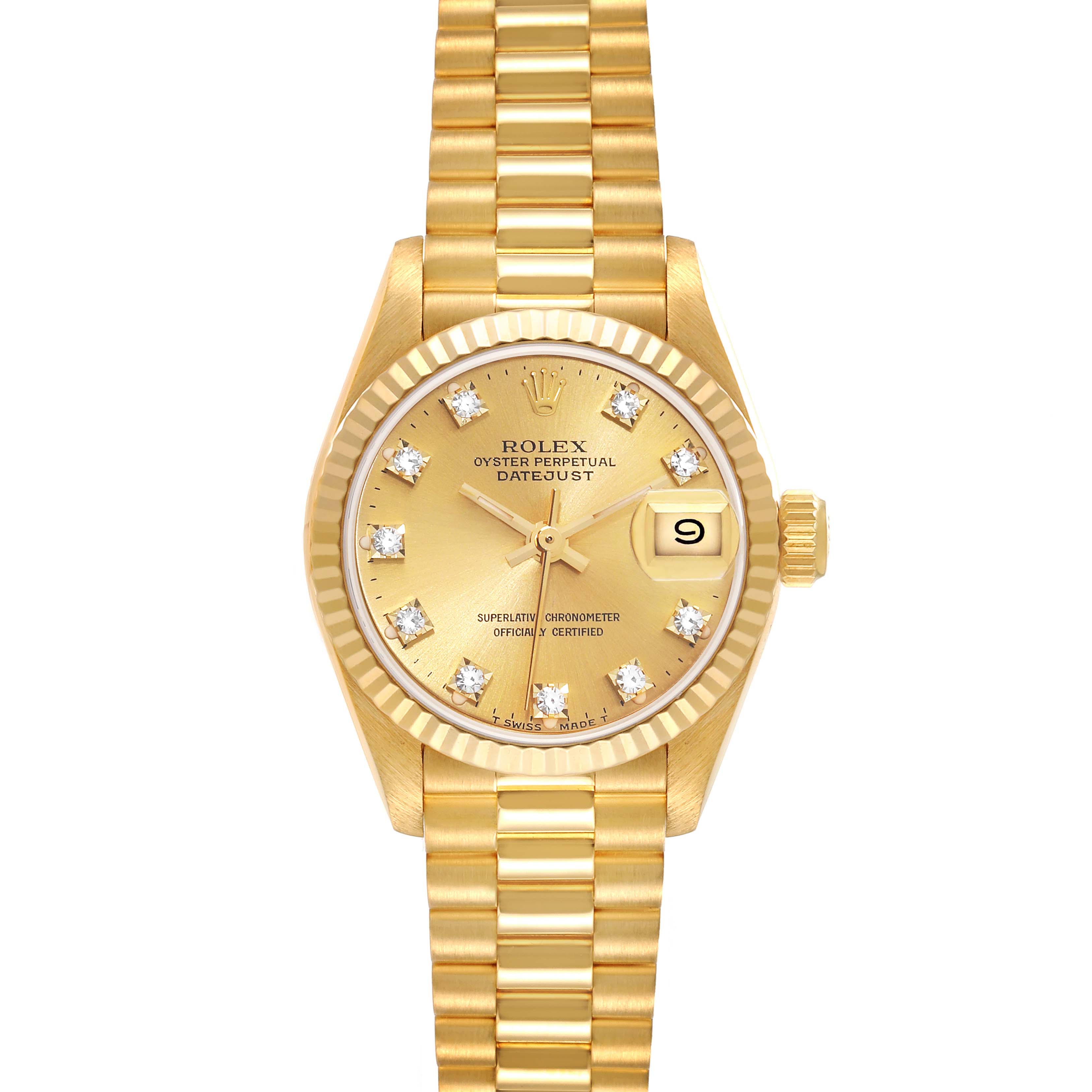 This image shows the front view of the Rolex President 69178 Women
s Yellow Gold Champagne Dial 69178 Women
s Yellow Gold Champagne Dial model watch, highlighting its gold dial, bracelet, and date display.