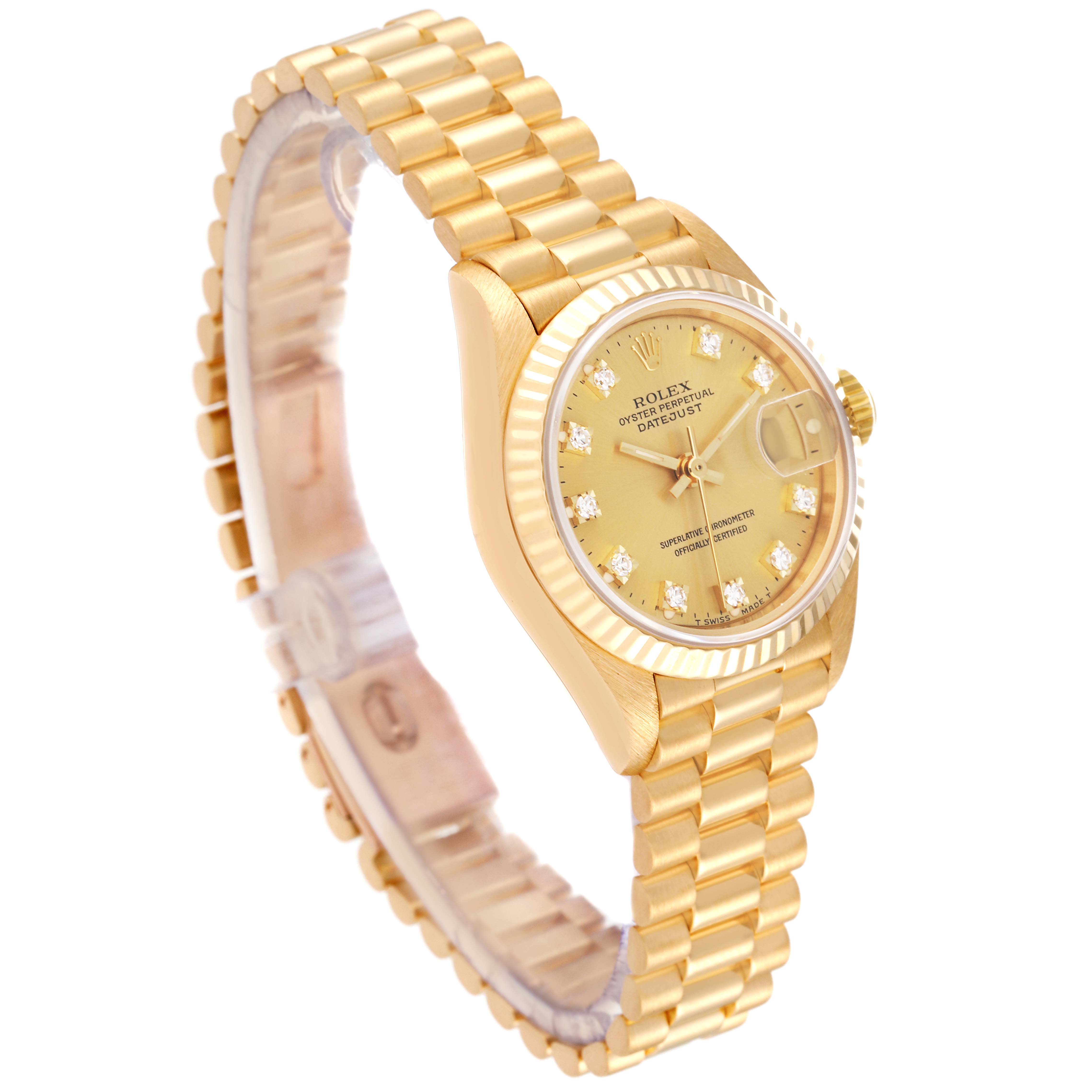 The image shows a Rolex President 69178 Women
s Yellow Gold Champagne Dial 69178 Women
s Yellow Gold Champagne Dial watch at a three-quarter angle, featuring its dial, bezel, and bracelet.