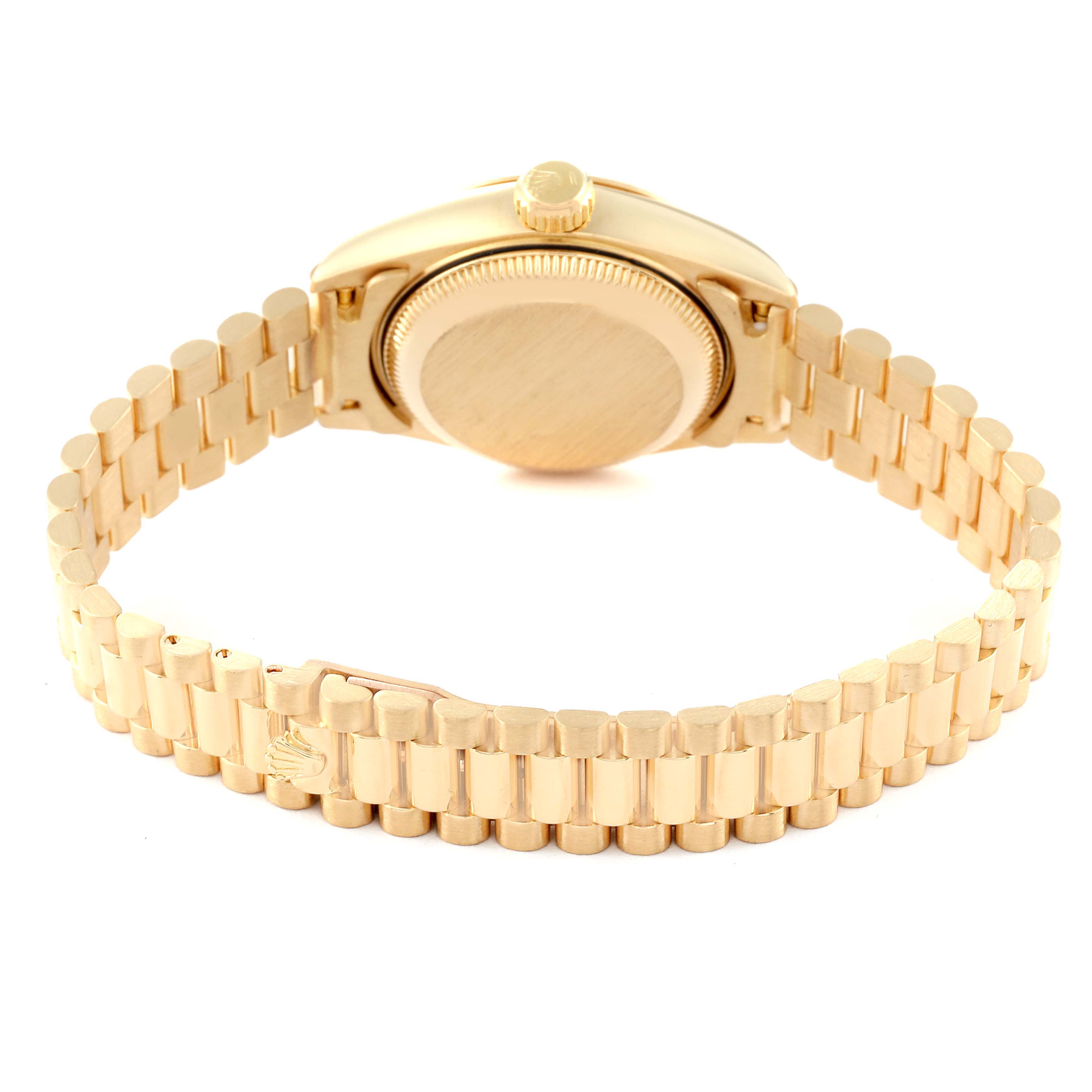 The image shows the back case and bracelet of the Rolex President 69178 Women
s Yellow Gold Champagne Dial 69178 Women
s Yellow Gold Champagne Dial model watch, viewed from the rear.