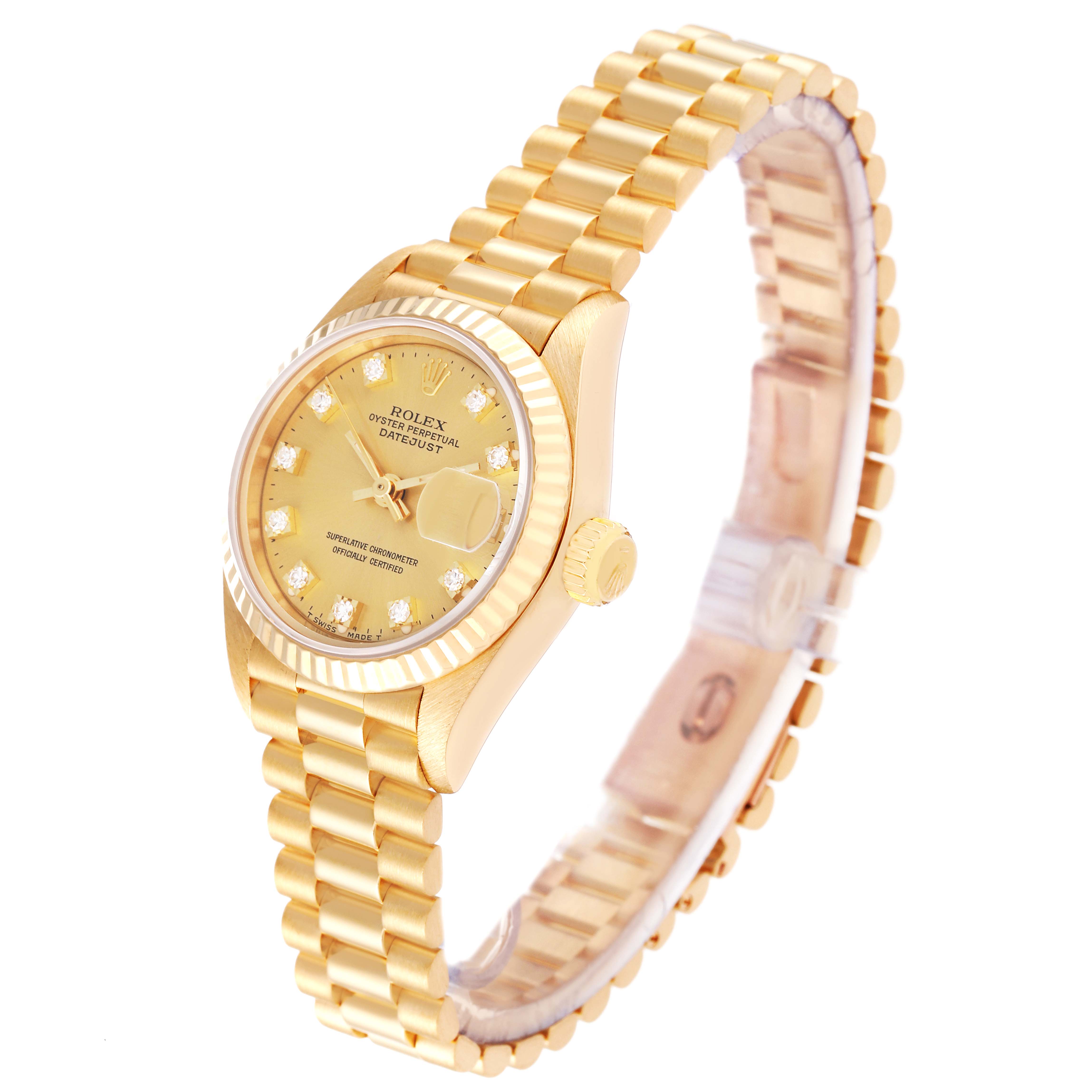 The Rolex President 69178 Women
s Yellow Gold Champagne Dial 69178 Women
s Yellow Gold Champagne Dial model is shown at a three-quarter angle, highlighting the dial, bezel, crown, and bracelet.