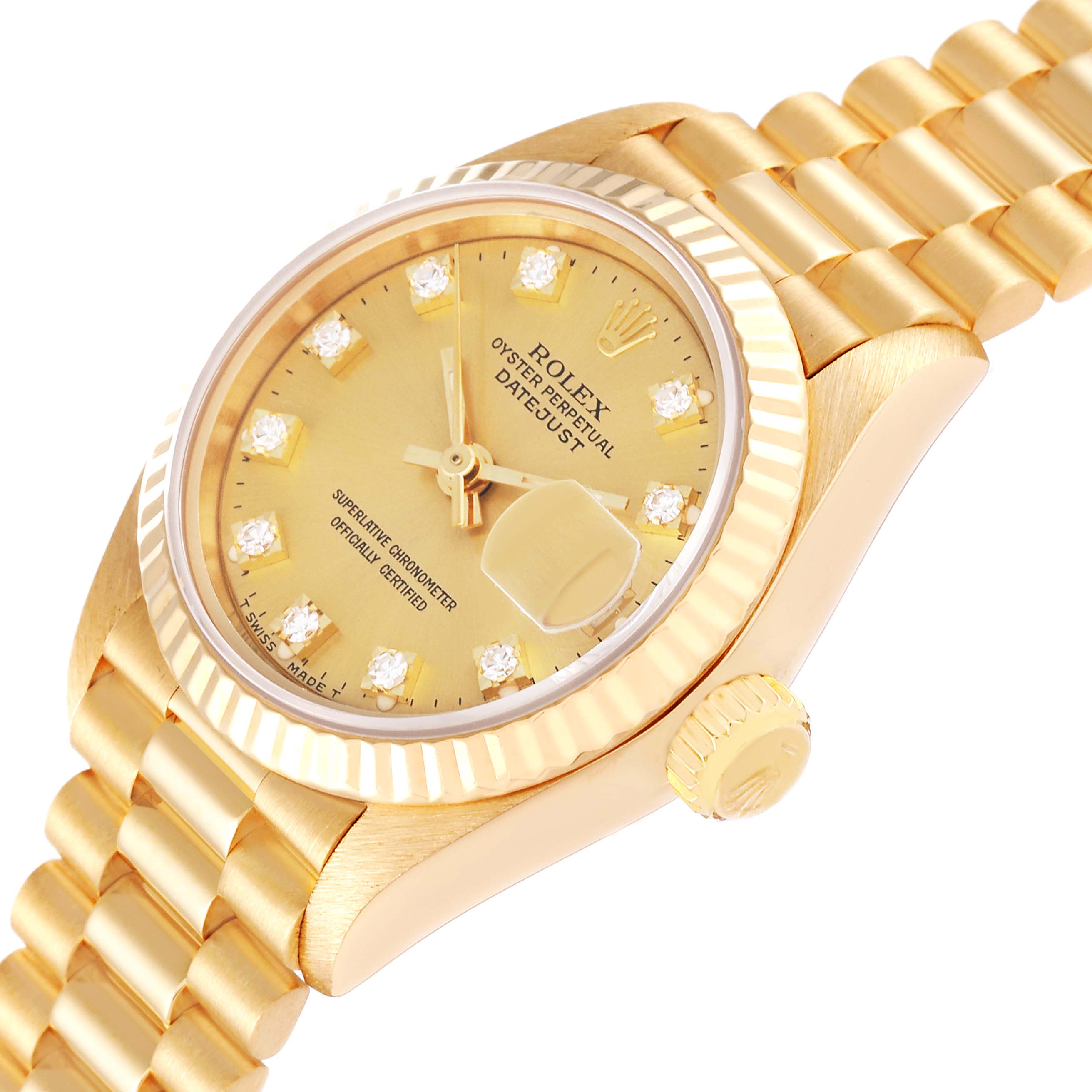 The President model Rolex watch is shown at an angled view, highlighting the bracelet, dial, bezel, and crown.