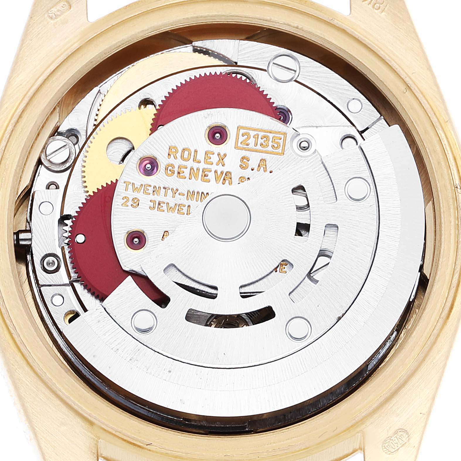 This is an interior view of the Rolex President 69178 Women
s Yellow Gold Champagne Dial 69178 Women
s Yellow Gold Champagne Dial model, showing its mechanical movement and intricate details.