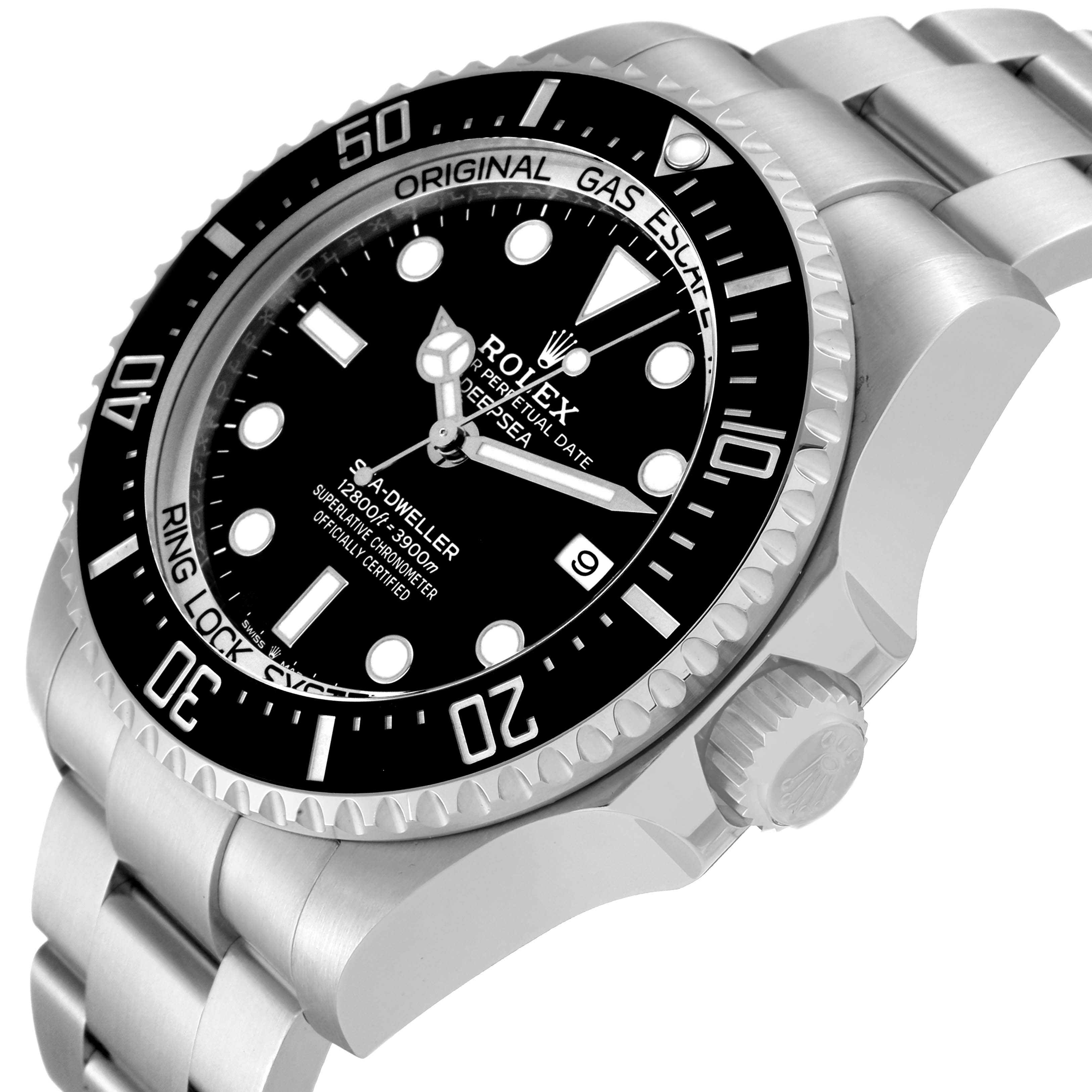 The image shows a Rolex Sea-Dweller 126660 Men
s Stainless Steel Black Dial 126660 Men
s Stainless Steel Black Dial watch at an angled close-up, highlighting its dial, bezel, crown, and bracelet.