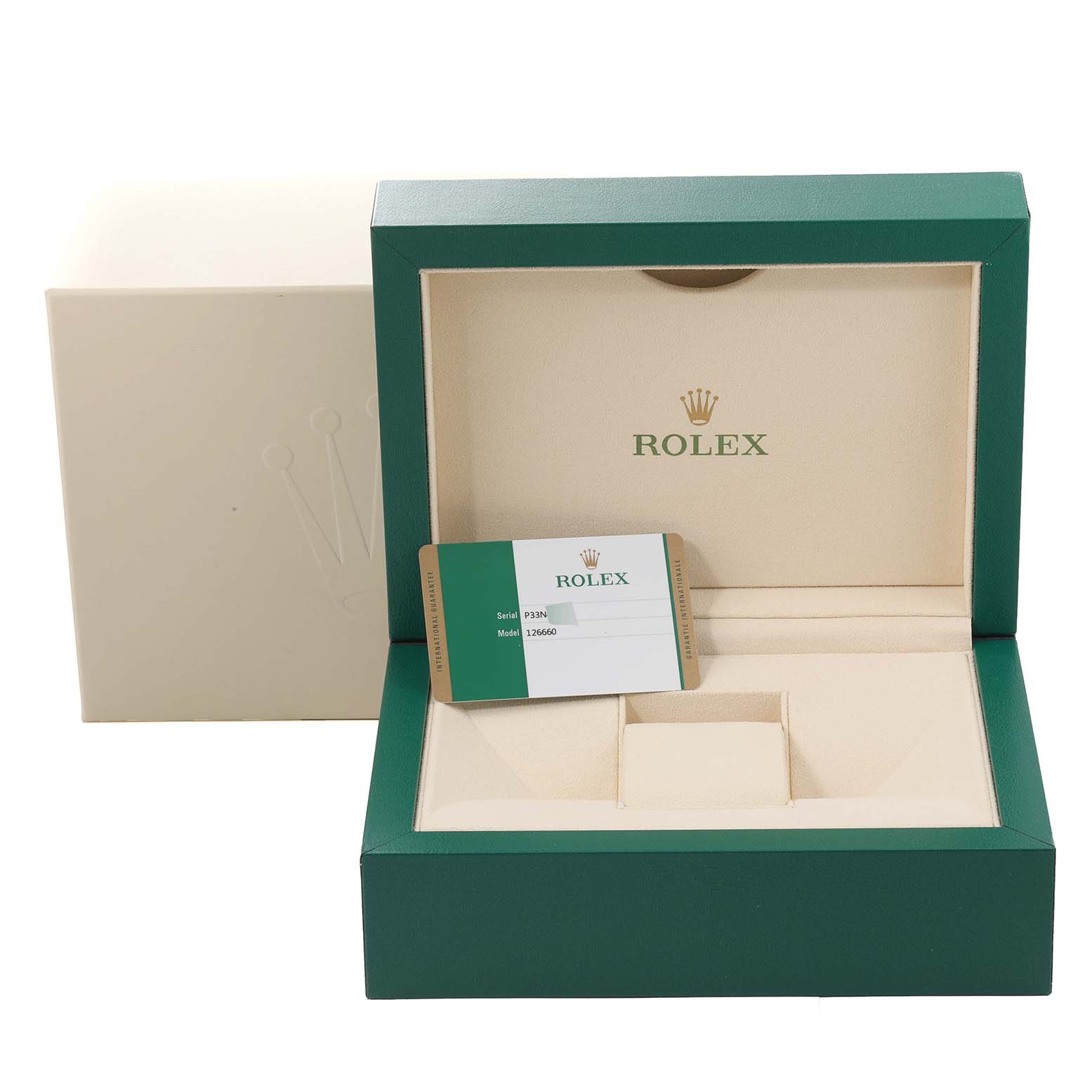 This image shows an empty Rolex Sea-Dweller 126660 Men
s Stainless Steel Black Dial 126660 Men
s Stainless Steel Black Dial box, with a card displaying the model inside the box.