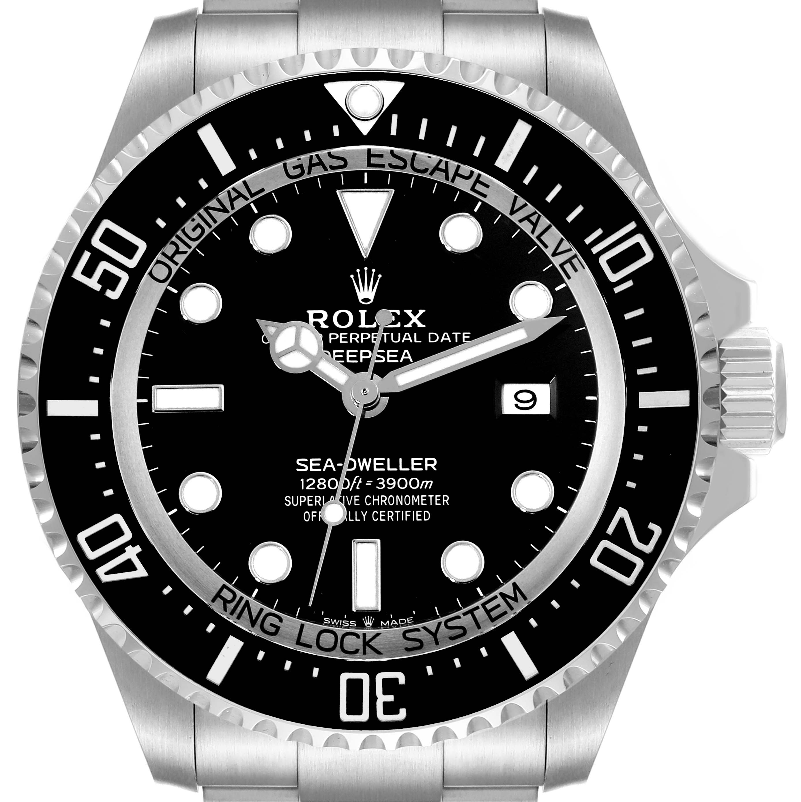 This image shows the front view of the Rolex Sea-Dweller 126660 Men
s Stainless Steel Black Dial 126660 Men
s Stainless Steel Black Dial watch, highlighting the dial, bezel, hands, and date window.