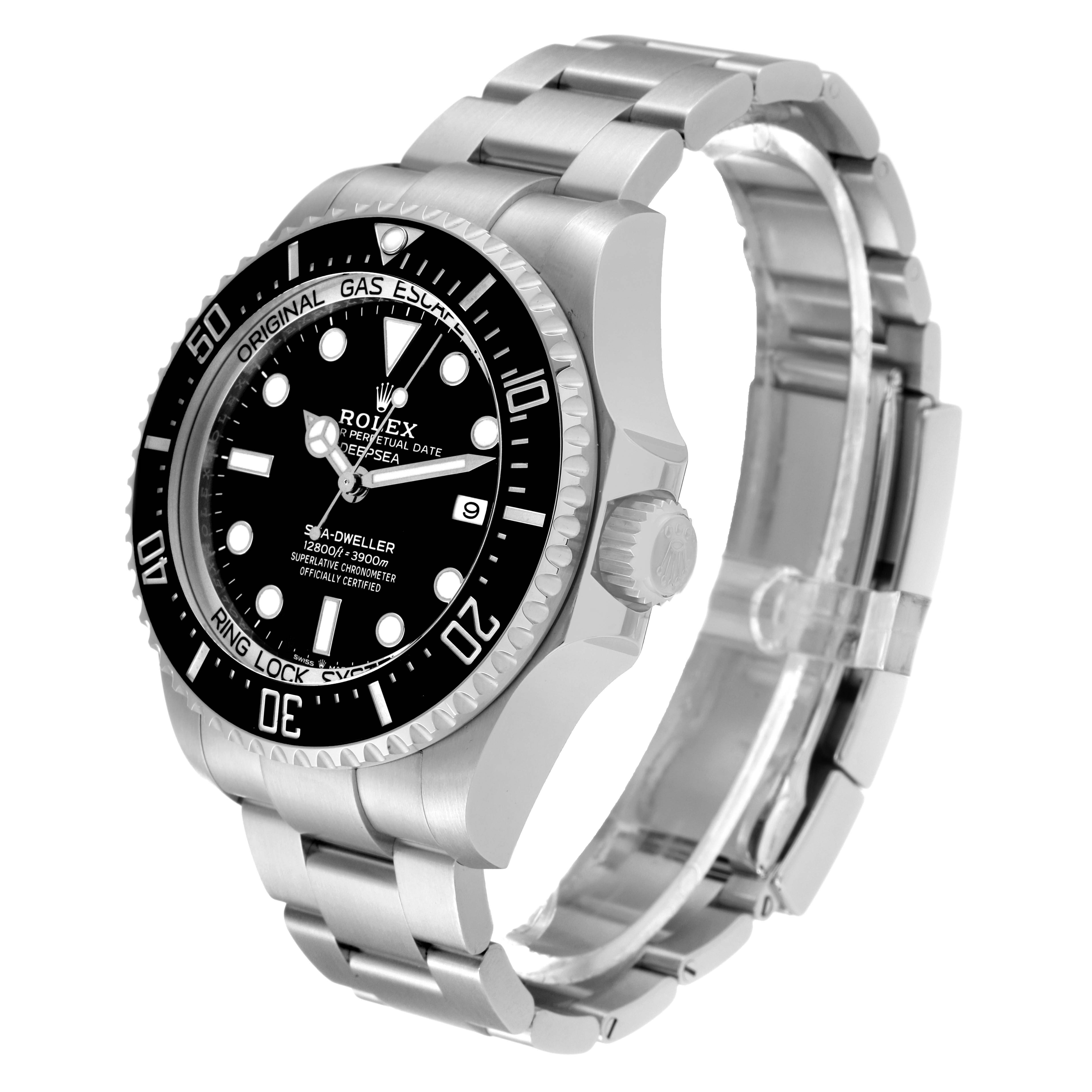 The Rolex Sea-Dweller 126660 Men
s Stainless Steel Black Dial 126660 Men
s Stainless Steel Black Dial watch is depicted at an angled side view, showing the face, bezel, crown, and part of the bracelet.