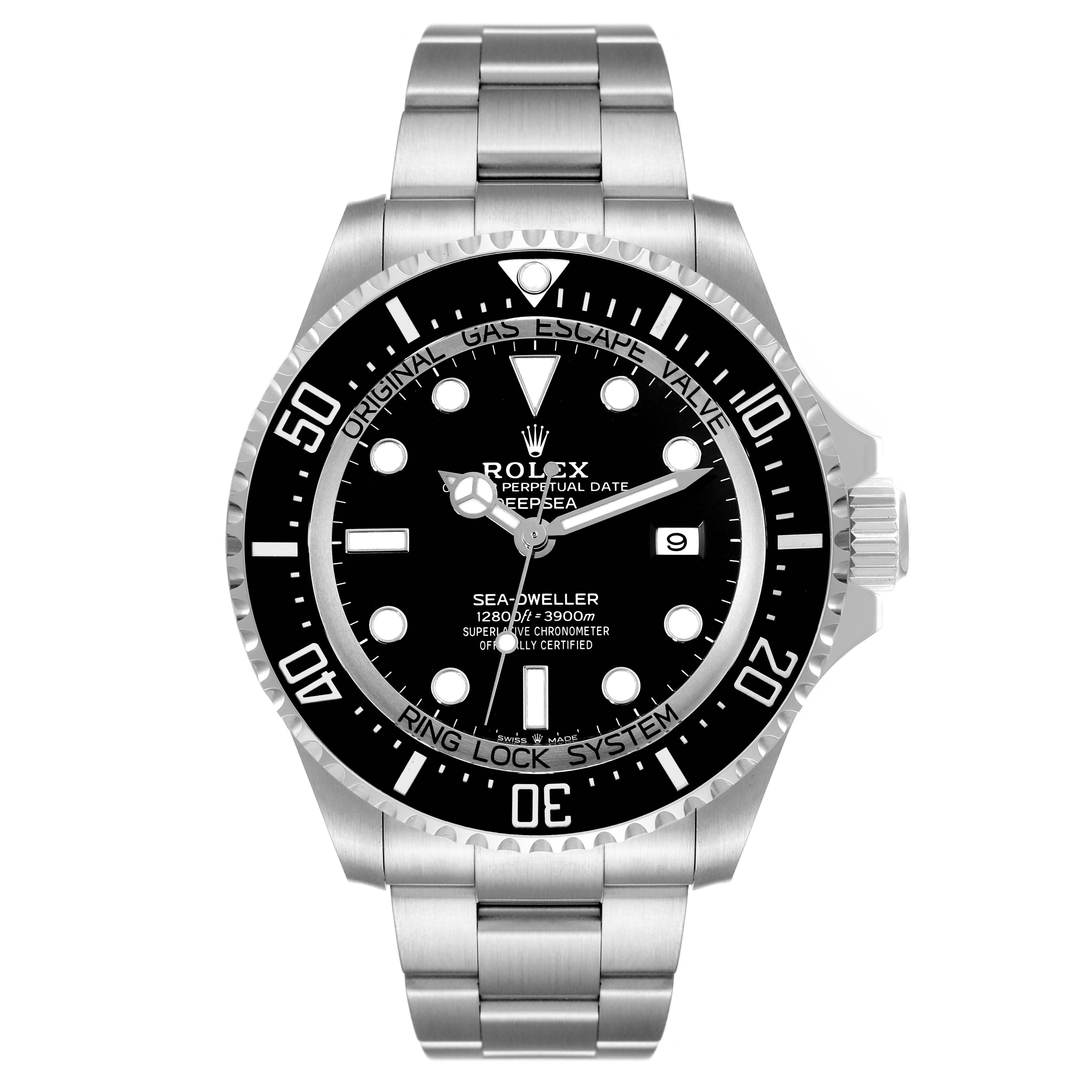 The image shows a front view of the Rolex Sea-Dweller 126660 Men
s Stainless Steel Black Dial 126660 Men
s Stainless Steel Black Dial watch, highlighting its dial, bezel, and bracelet.