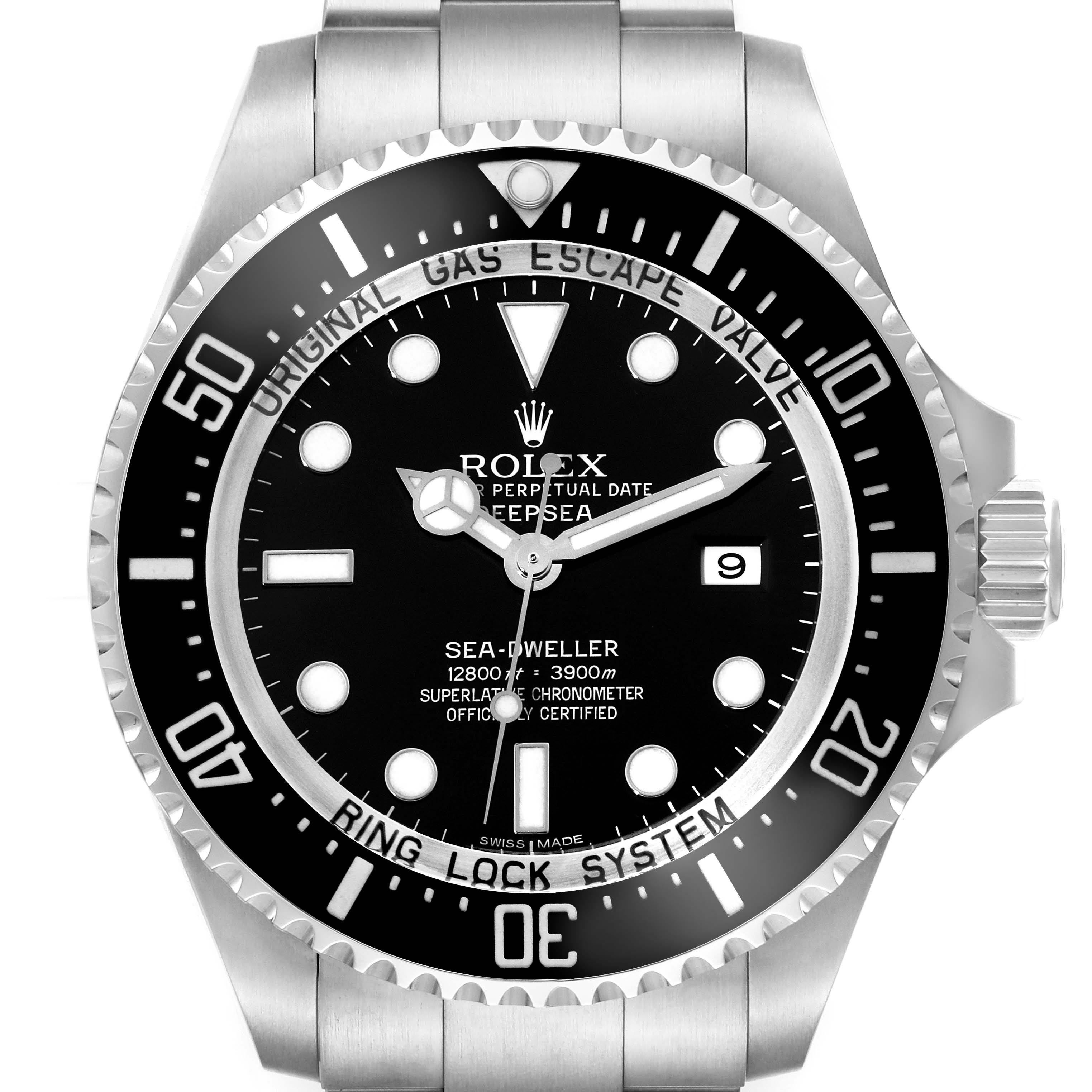 The image shows a front view of the Rolex Sea-Dweller 116660 Men's Stainless Steel Black Dial 116660 Men's Stainless Steel Black Dial watch, focusing on the dial, bezel, and case.