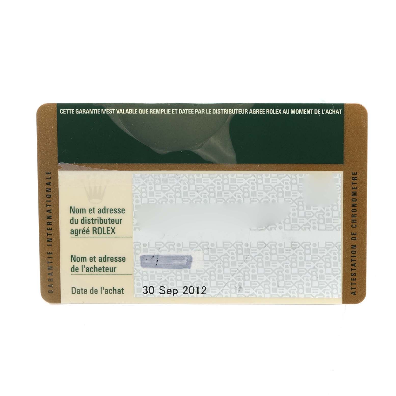 The image shows a warranty card for the Rolex Sea-Dweller 116660 Men's Stainless Steel Black Dial 116660 Men's Stainless Steel Black Dial, displaying the date of purchase and dealer information.