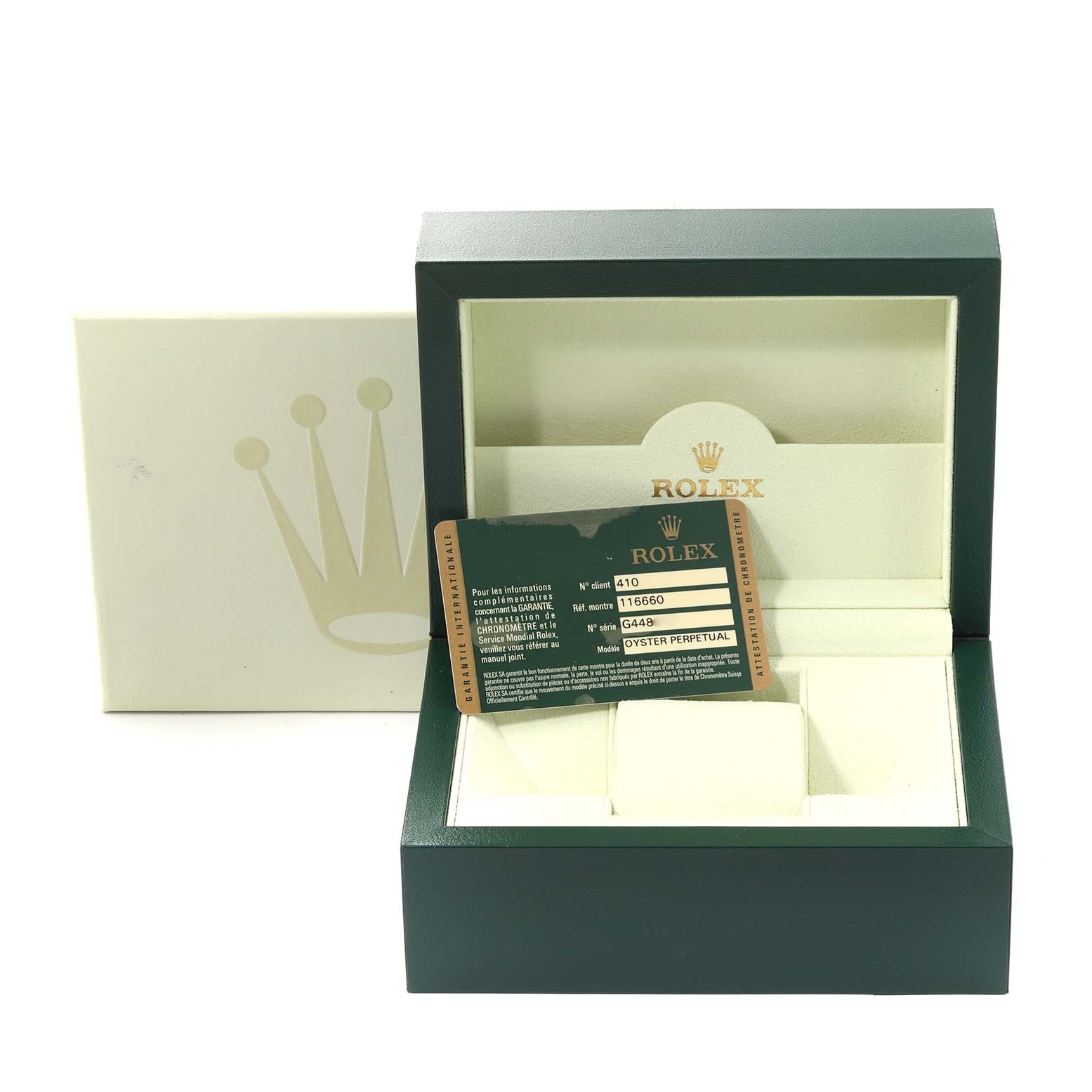 The image shows the gift box and authentication card for a Rolex Sea-Dweller 116660 Men's Stainless Steel Black Dial 116660 Men's Stainless Steel Black Dial watch.