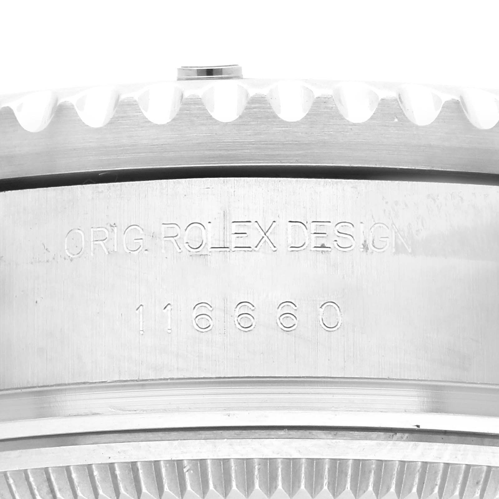 This close-up image displays the model number "116660" and "ORIG. ROLEX DESIGN" inscription on the casing of a Rolex Sea-Dweller 116660 Men's Stainless Steel Black Dial 116660 Men's Stainless Steel Black Dial watch.