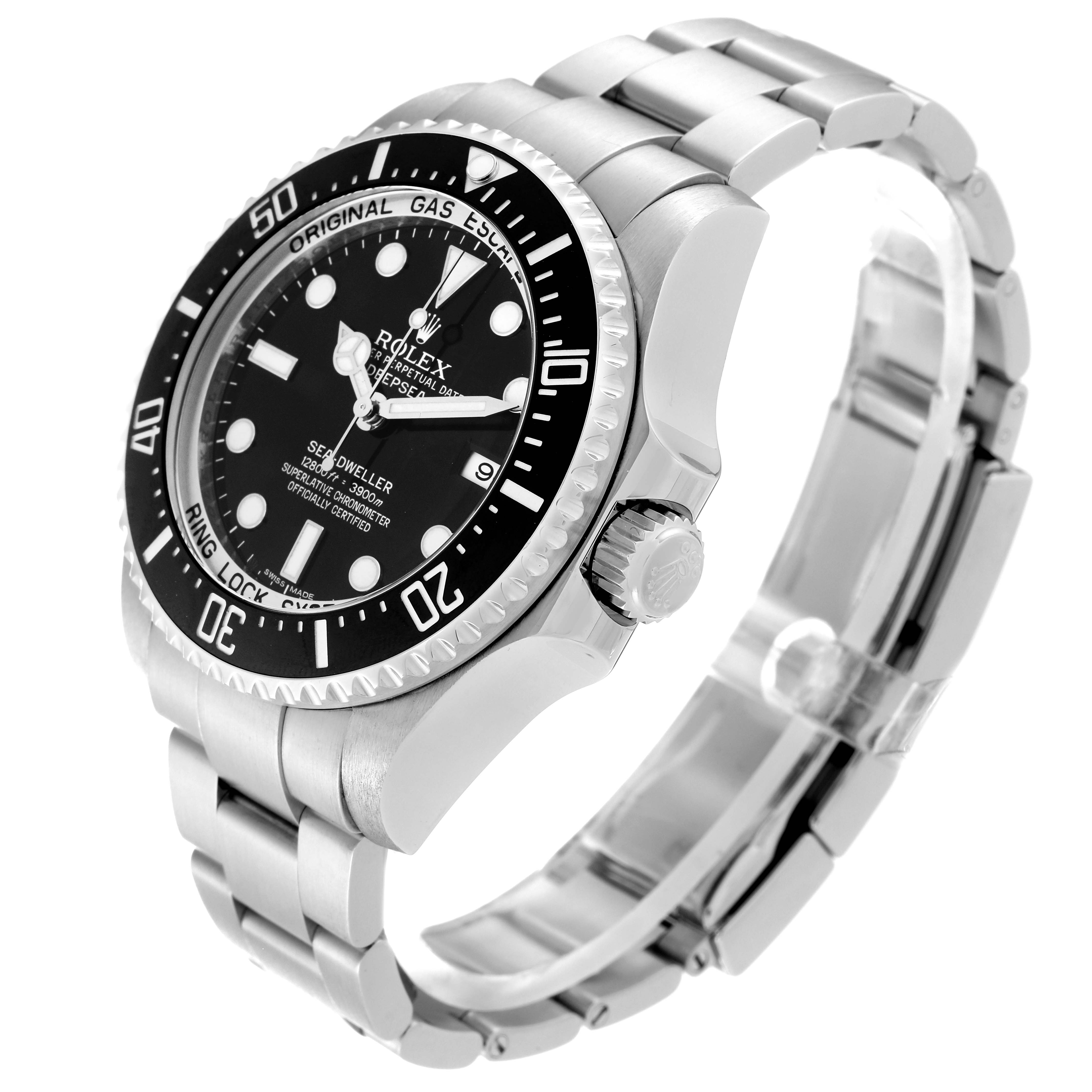 The Rolex Sea-Dweller 116660 Men's Stainless Steel Black Dial 116660 Men's Stainless Steel Black Dial watch is shown from a three-quarter angle, highlighting the bezel, dial, crown, and bracelet.