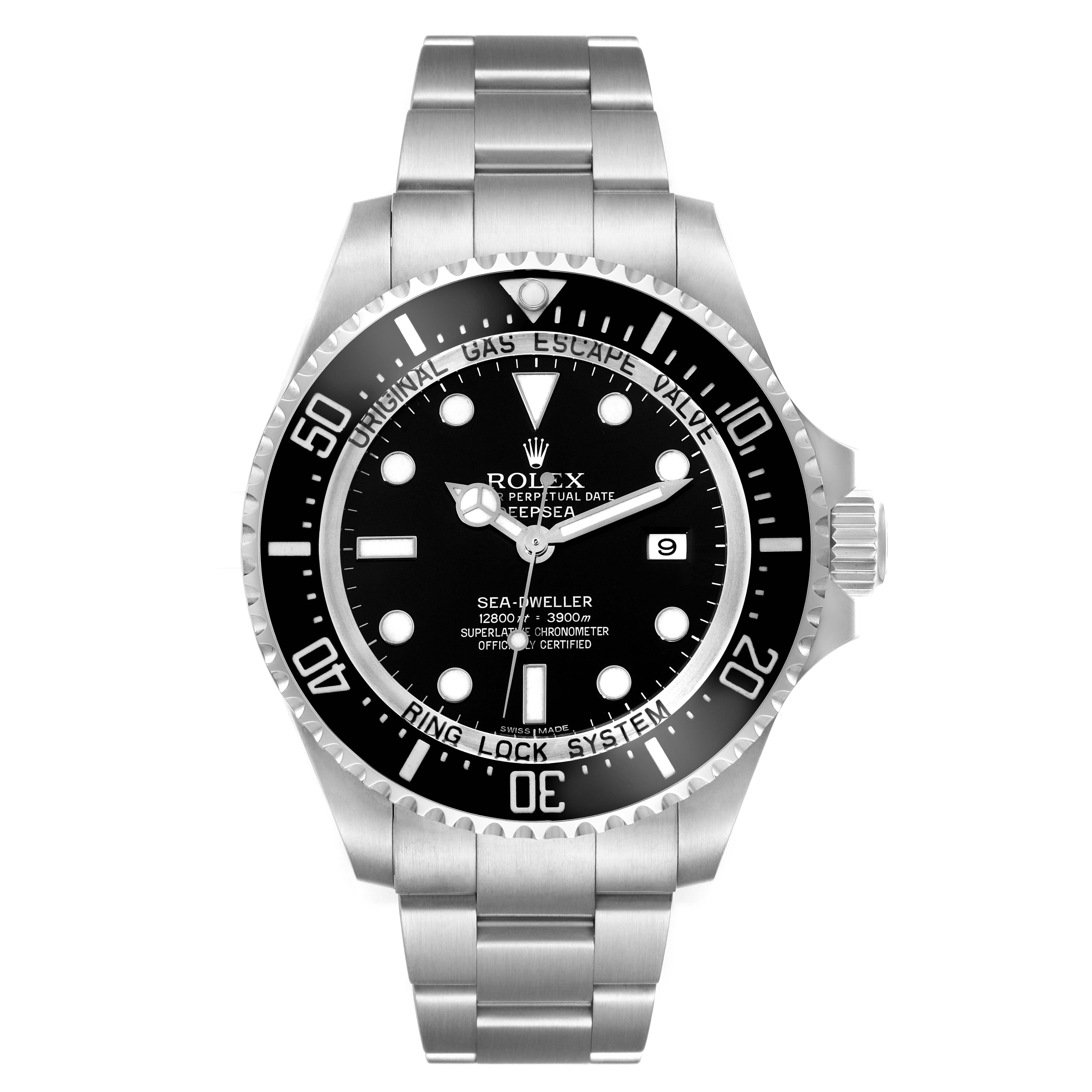 This is a front view of the Rolex Sea-Dweller 116660 Men's Stainless Steel Black Dial 116660 Men's Stainless Steel Black Dial watch, showing its dial, bezel, and bracelet.