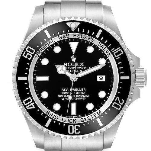 The image shows a frontal view of the Rolex Sea-Dweller watch, highlighting its dial, bezel, and case.