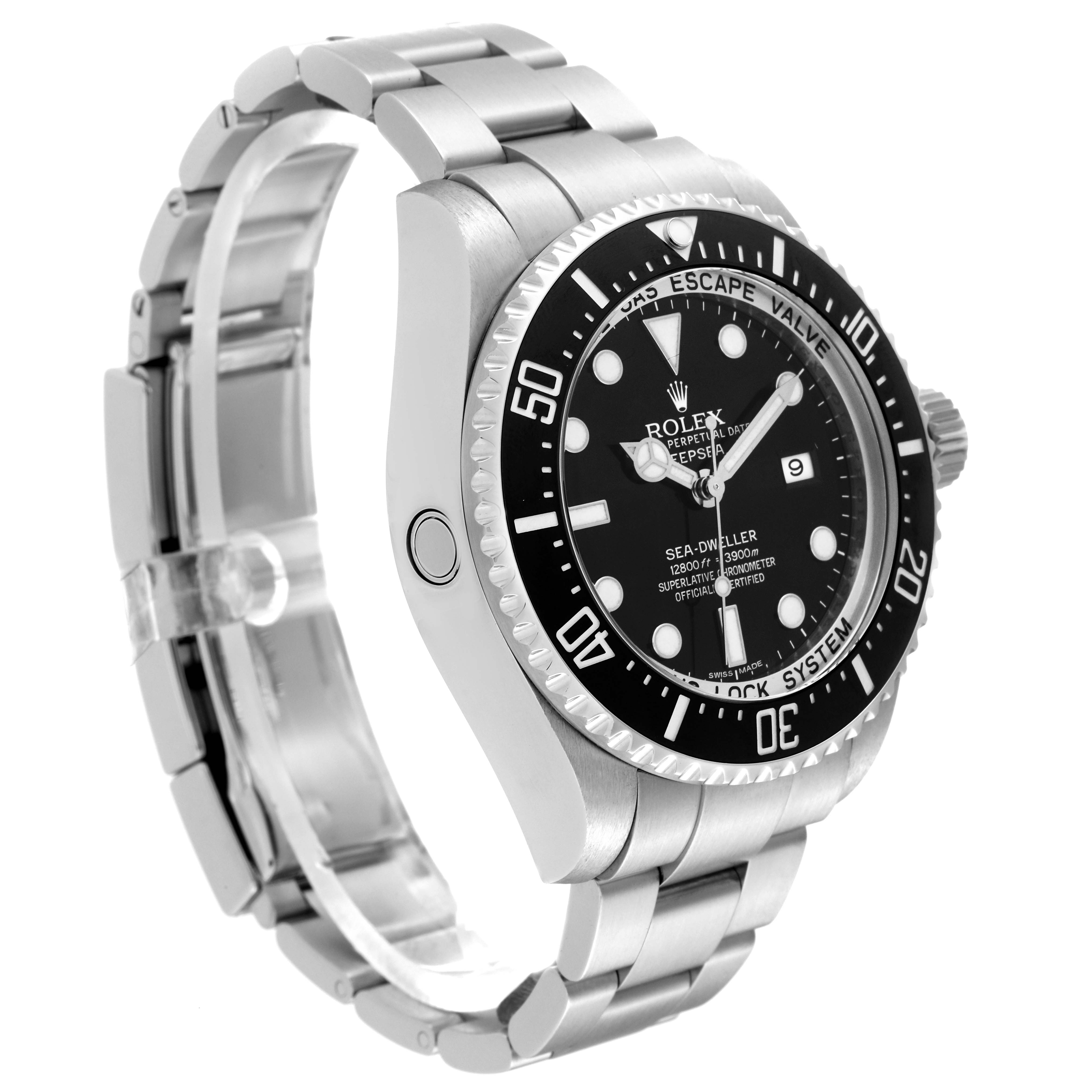 This image shows a side angle of the Rolex Sea-Dweller 116660 Men's Stainless Steel Black Dial 116660 Men's Stainless Steel Black Dial watch highlighting the dial, band, crown, and helium escape valve.