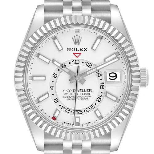 The Rolex Sky-Dweller 326934 Men's Stainless Steel Silver Dial watch is shown from the front, highlighting the dial, bezel, and bracelet.