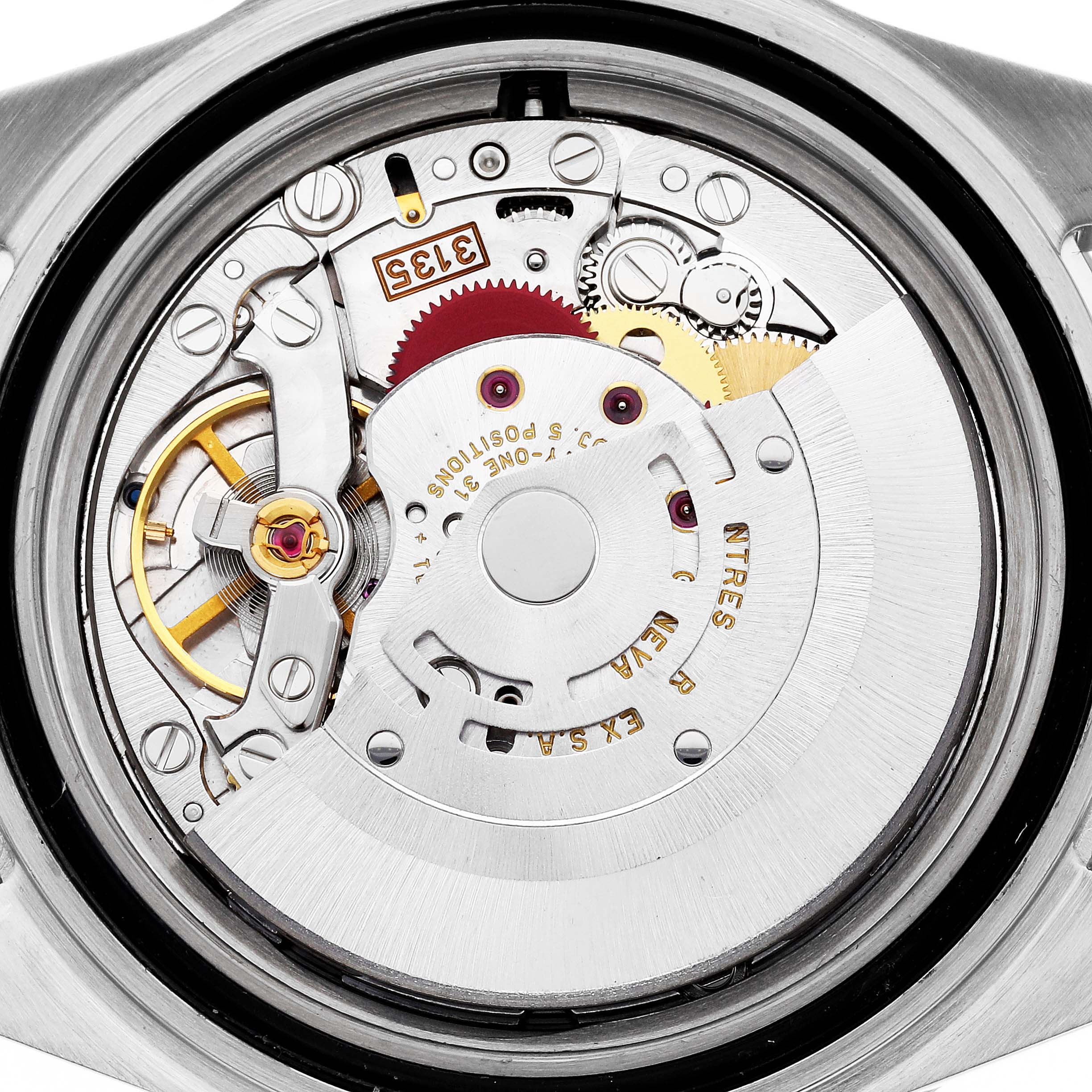 This image shows the inner mechanical components of a Rolex Submariner 16613 Men's Steel and Gold (two tone) Blue Dial 16613 Men's Steel and Gold (two tone) Blue Dial watch, viewed from the back.