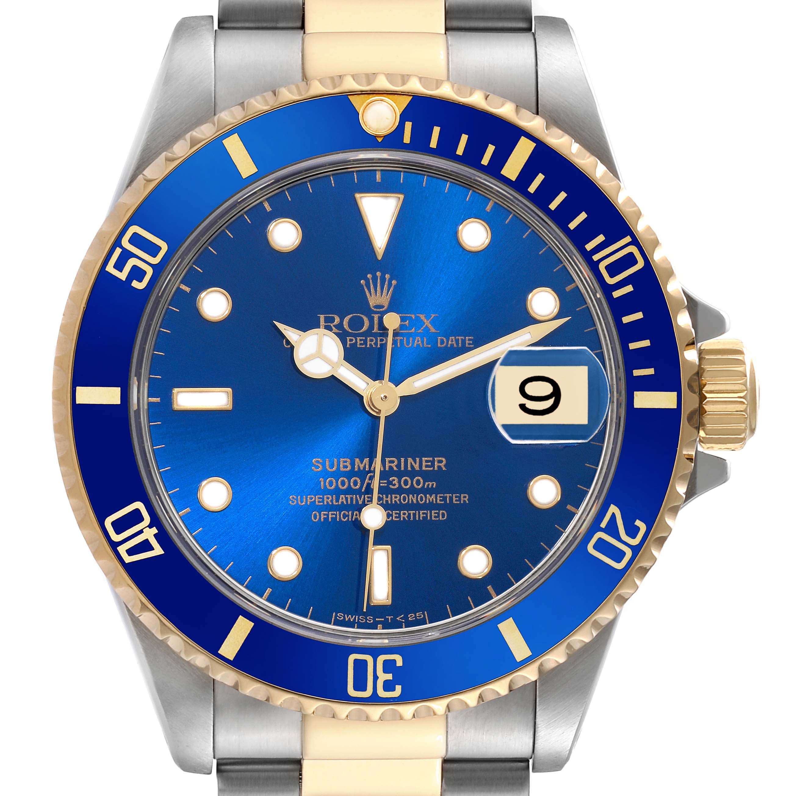 This Rolex Submariner 16613 Men's Steel and Gold (two tone) Blue Dial 16613 Men's Steel and Gold (two tone) Blue Dial watch is shown from a front angle, displaying its blue dial, blue bezel, date window, and part of the bracelet.