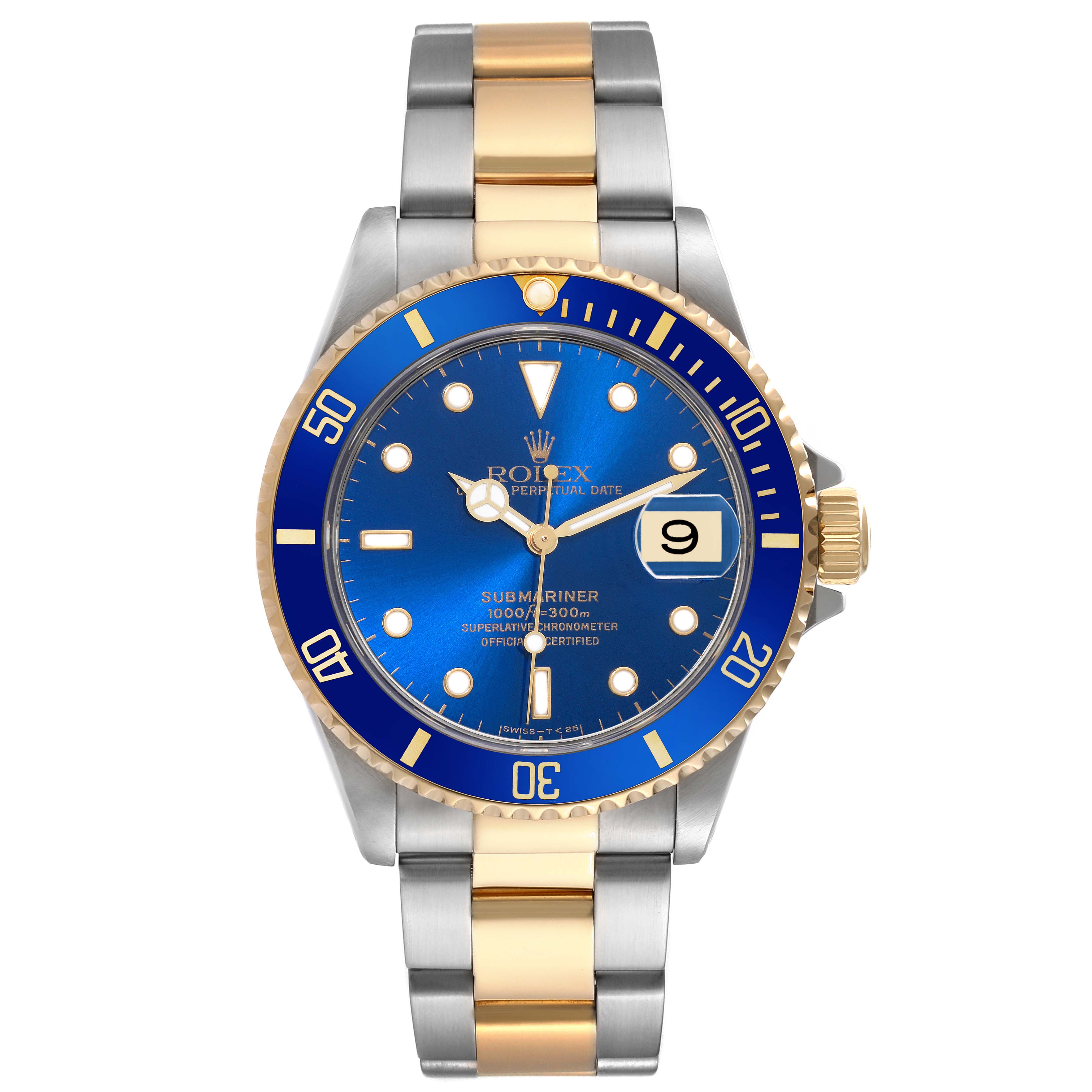 This Rolex Submariner 16613 Men's Steel and Gold (two tone) Blue Dial 16613 Men's Steel and Gold (two tone) Blue Dial watch is shown from a top-down angle, highlighting its blue dial, date window, and two-tone bracelet.