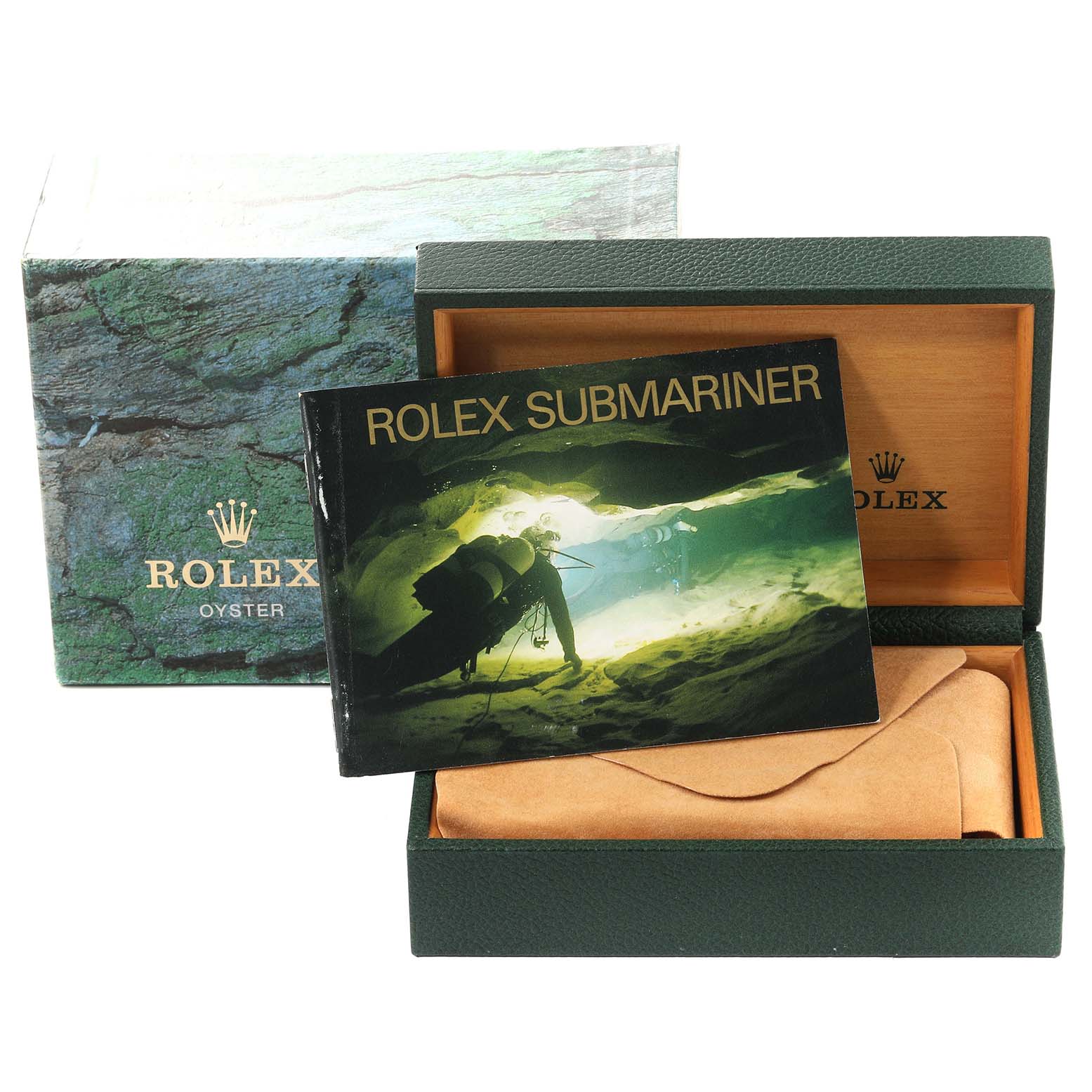 The image shows the packaging, manual, and leather pouch of a Rolex Submariner 16613 Men's Steel and Gold (two tone) Blue Dial 16613 Men's Steel and Gold (two tone) Blue Dial watch, viewed from the front.