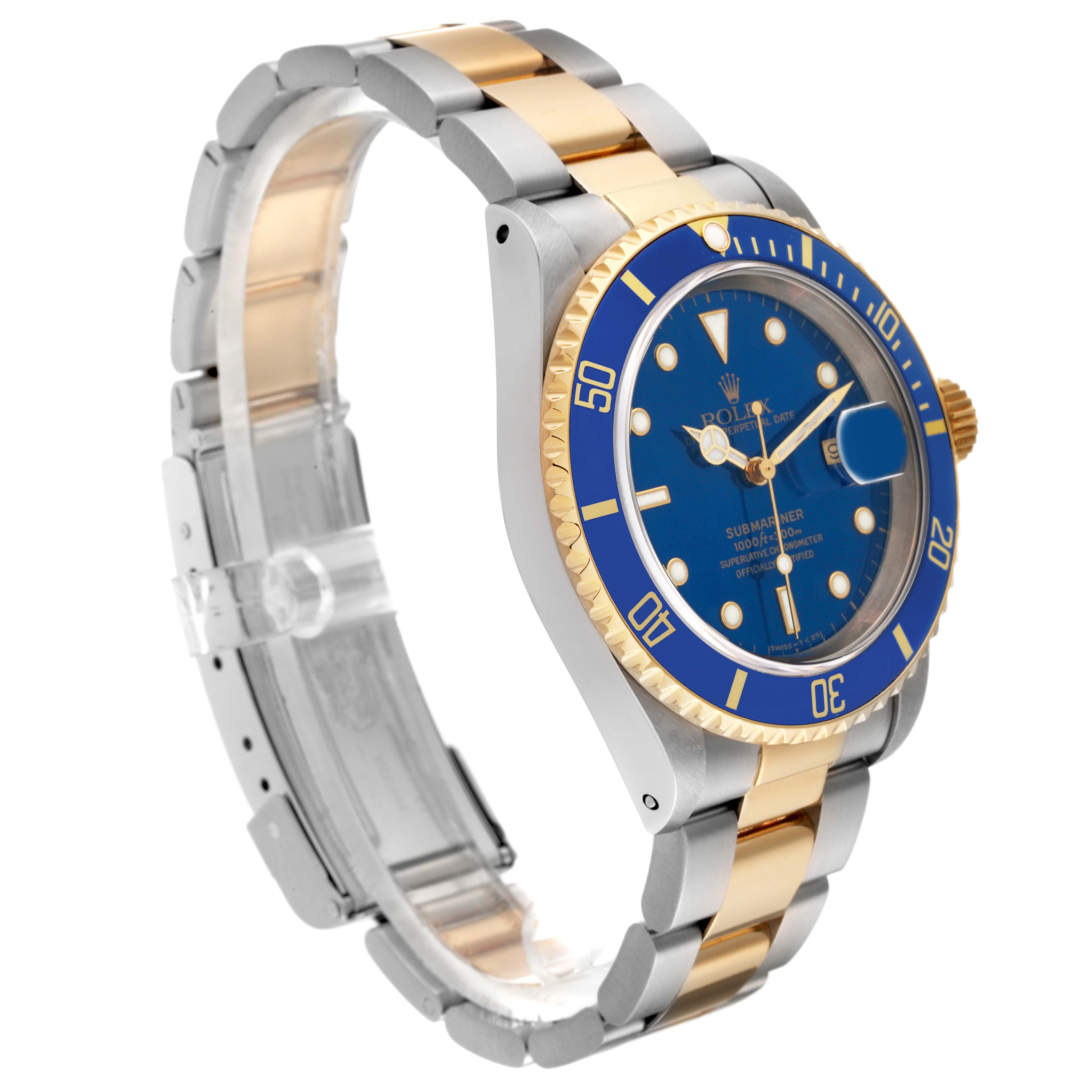 This image shows a side angle of a Rolex Submariner 16613 Men's Steel and Gold (two tone) Blue Dial 16613 Men's Steel and Gold (two tone) Blue Dial watch highlighting the blue dial, bezel, and two-tone band.