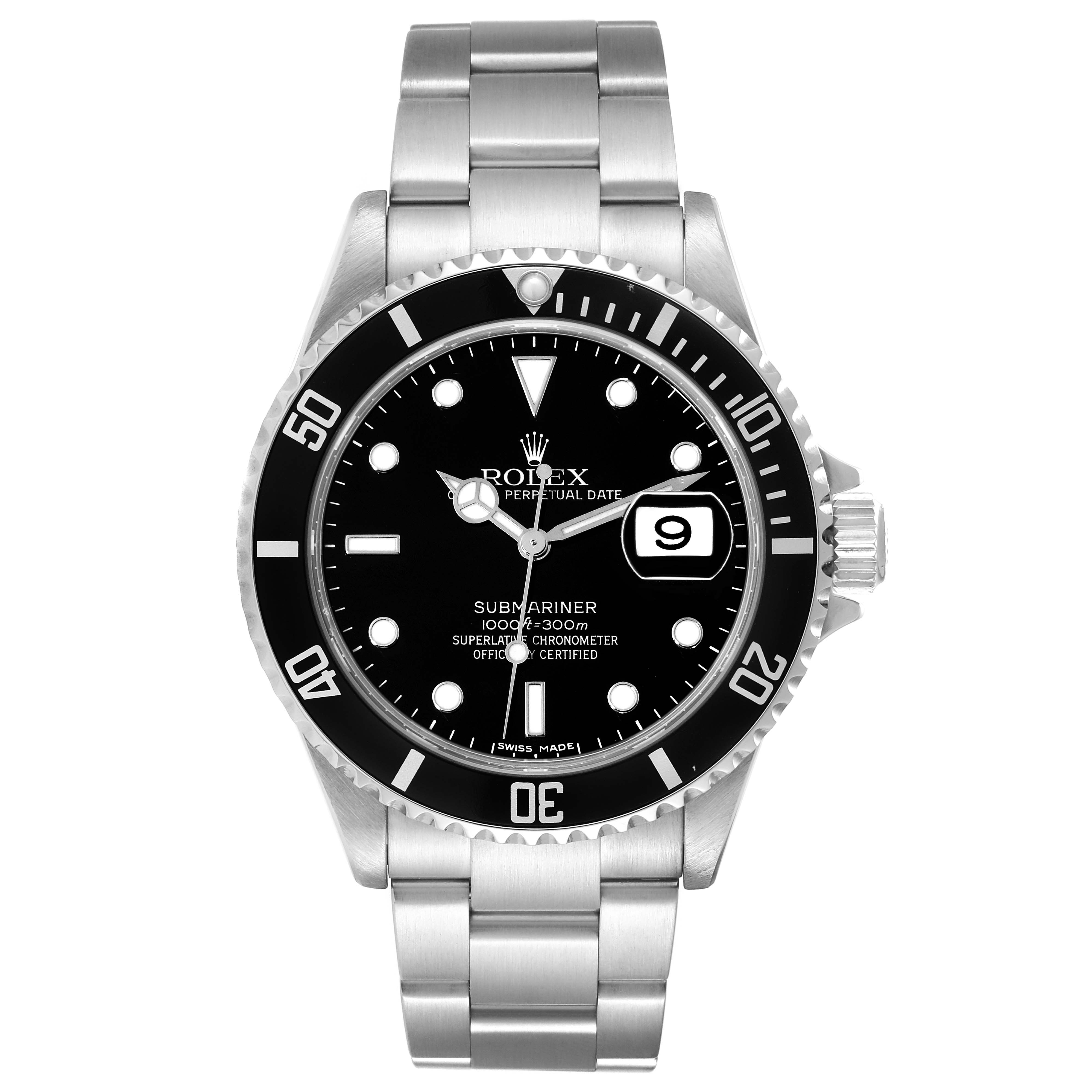 The Rolex Submariner 16610 Men
s Stainless Steel Black Dial 16610 Men
s Stainless Steel Black Dial watch is shown from a straight-on angle, displaying its face, bezel, and a portion of the bracelet.