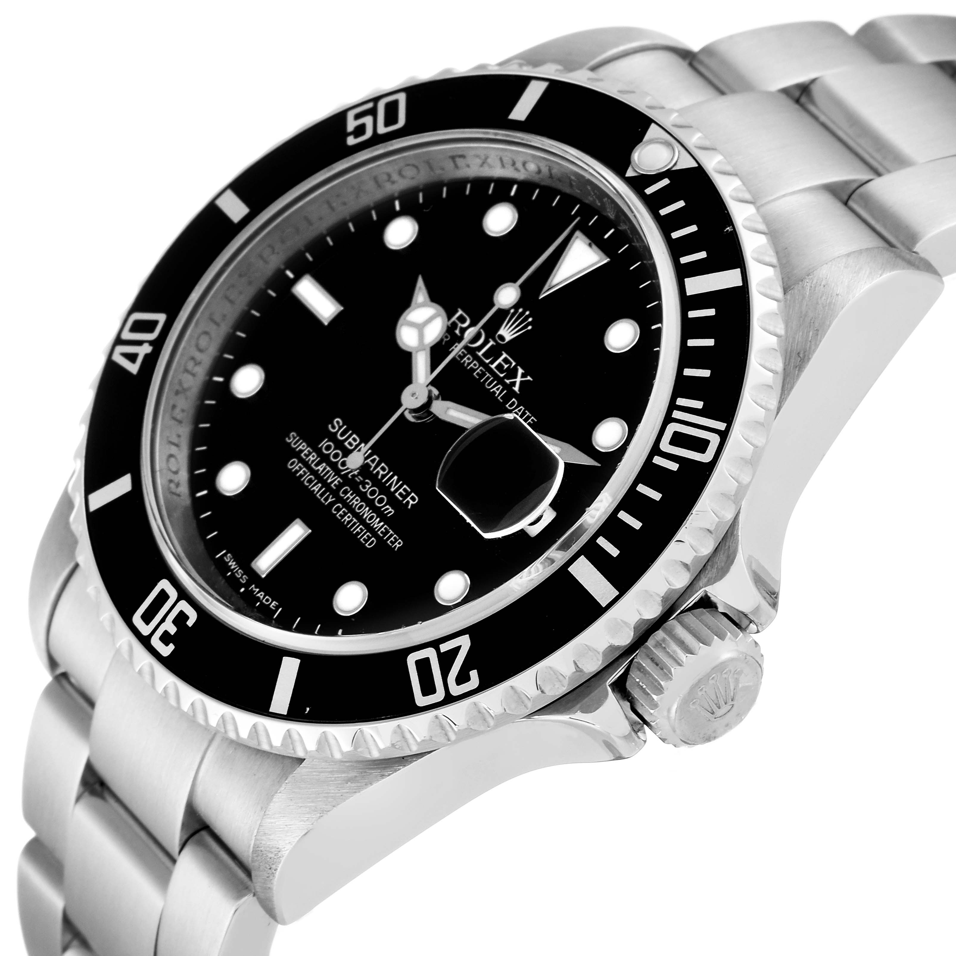 The image shows a close-up, angled view of a Rolex Submariner 16610 Men
s Stainless Steel Black Dial 16610 Men
s Stainless Steel Black Dial watch displaying the bezel, dial, crown, and part of the bracelet.