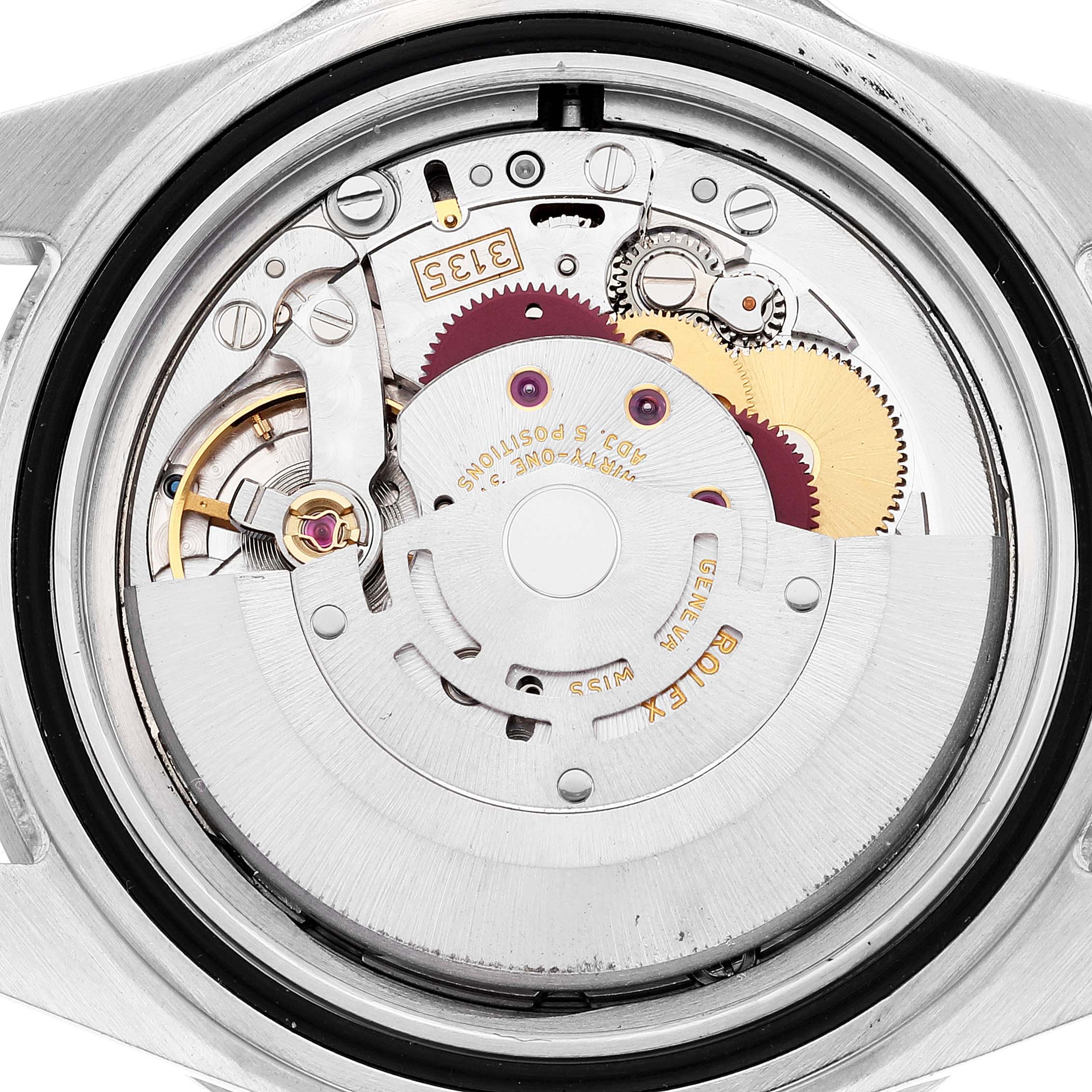 The image shows the internal mechanism of a Rolex Submariner 16610 Men
s Stainless Steel Black Dial 16610 Men
s Stainless Steel Black Dial watch from a back view, revealing its intricate components.