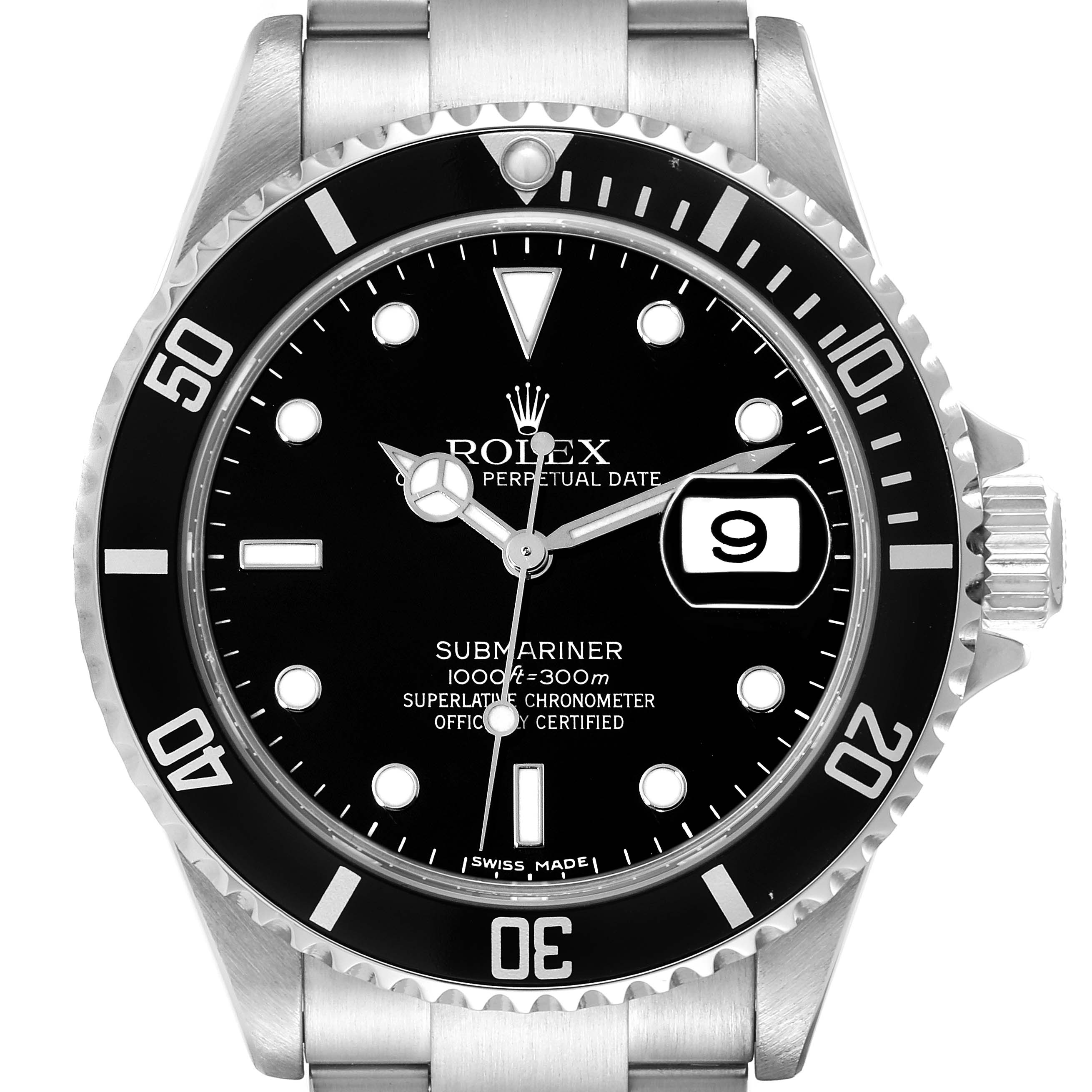 The image shows a frontal view of a Rolex Submariner 16610 Men
s Stainless Steel Black Dial 16610 Men
s Stainless Steel Black Dial watch, highlighting its black dial, bezel, and the date magnifier.