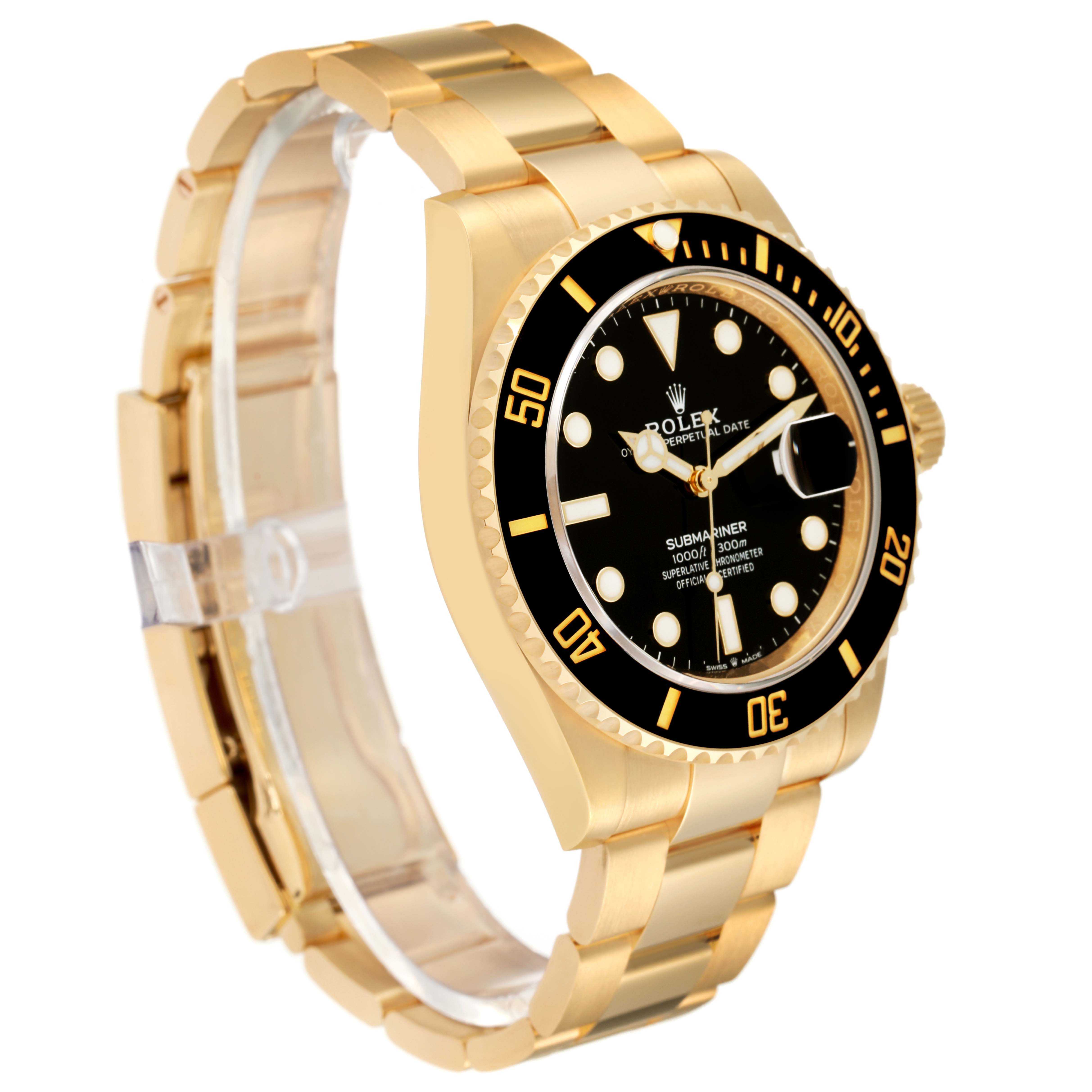 The image shows a side angle of a Rolex Submariner 126618 Men's Yellow Gold Black Dial 126618 Men's Yellow Gold Black Dial watch, highlighting its gold bracelet, black dial, and bezel.
