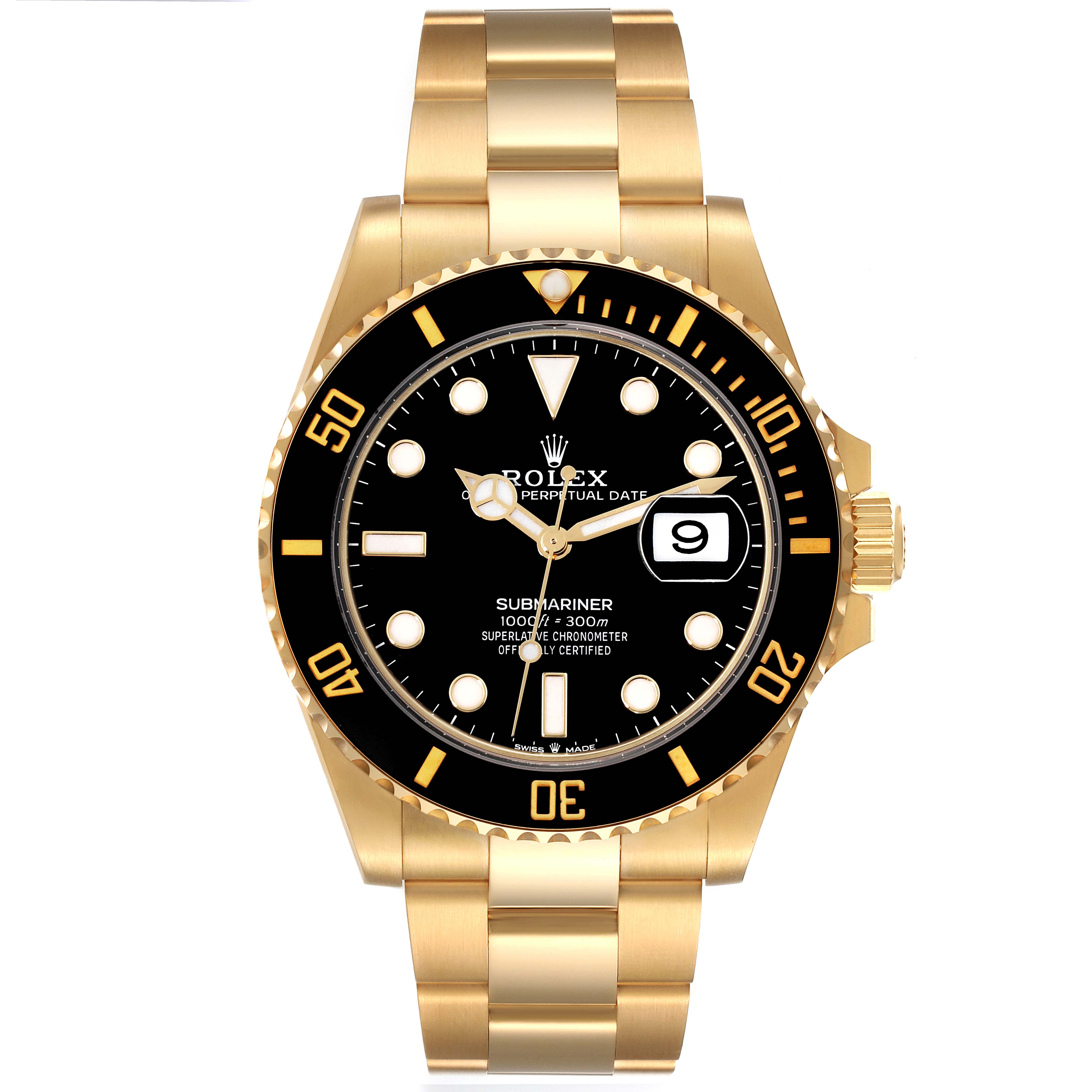 This image shows a front view of a Rolex Submariner 126618 Men's Yellow Gold Black Dial 126618 Men's Yellow Gold Black Dial watch with a gold band and black dial.