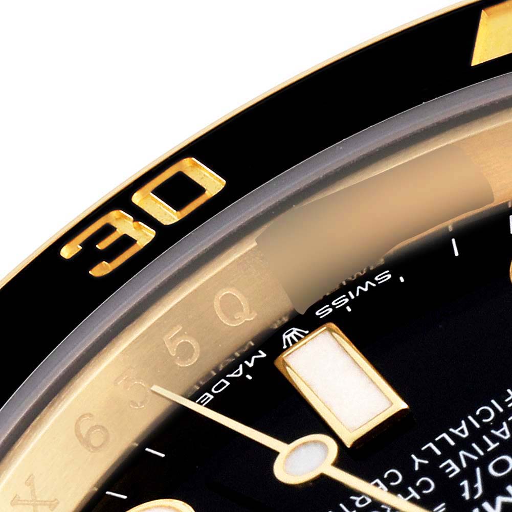 The close-up image shows the face and bezel of a Rolex Submariner 126618 Men's Yellow Gold Black Dial 126618 Men's Yellow Gold Black Dial watch, focusing on the 30-minute marker.