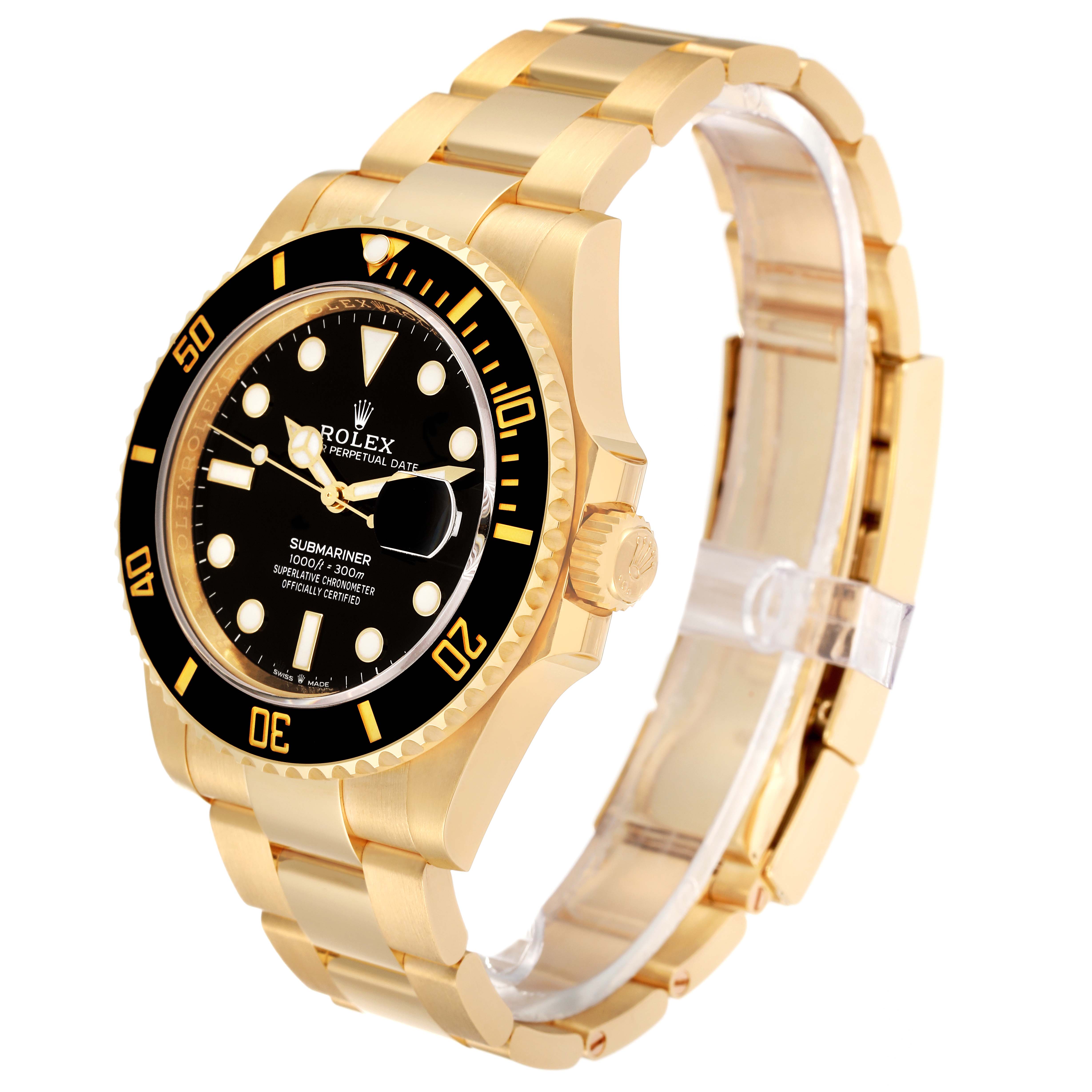 This image shows a Rolex Submariner 126618 Men's Yellow Gold Black Dial 126618 Men's Yellow Gold Black Dial watch at a slight angle, highlighting the face, bezel, crown, and bracelet.